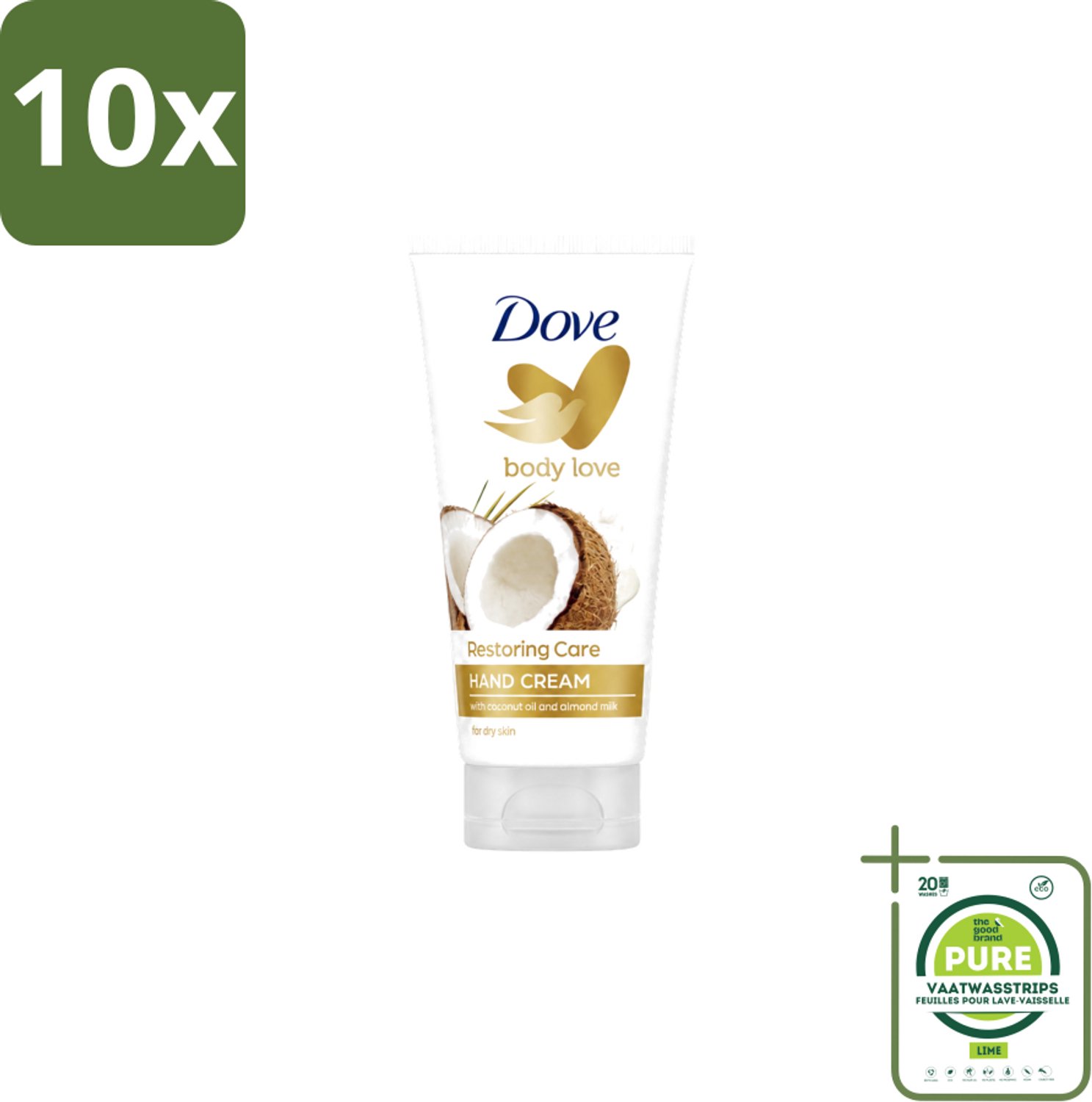 10 x Dove - Handcrème - Body Love Restoring Care - Kokos & Almond - Hydraterend - Droge huid - 75 g - Grootverpakking - Vaatwasstrips - Handcrème - Droge Huid - Hydraterende Crème - Kokos En Amandel - Huidverzorging