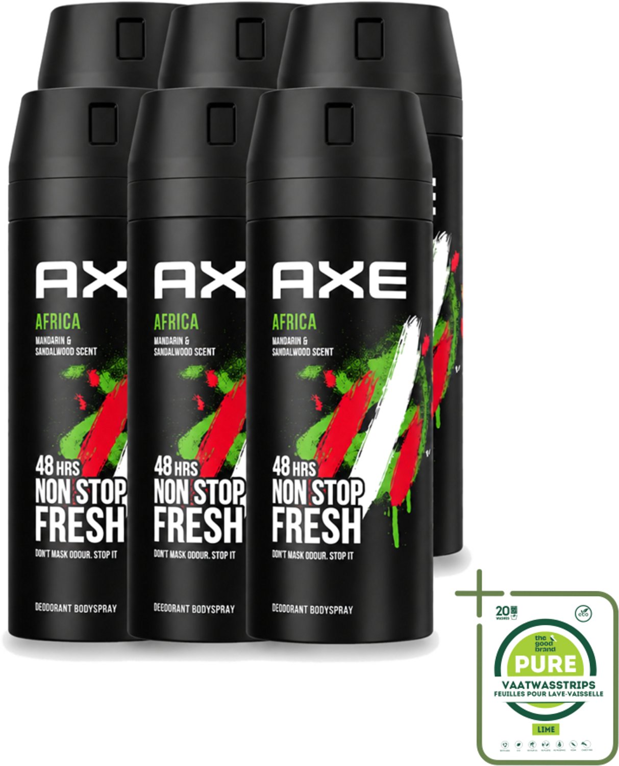6 x Axe - Deodorant Bodyspray - 48hrs Non Stop Fresh - Africa - Mandarin & Sandalwood - 150 ml - Grootverpakking - Vaatwasstrips - Deodorant Sprayer - Geurbeheersing - Mandarijn En Sandelhout - Bodyspray - Geur Bescherming