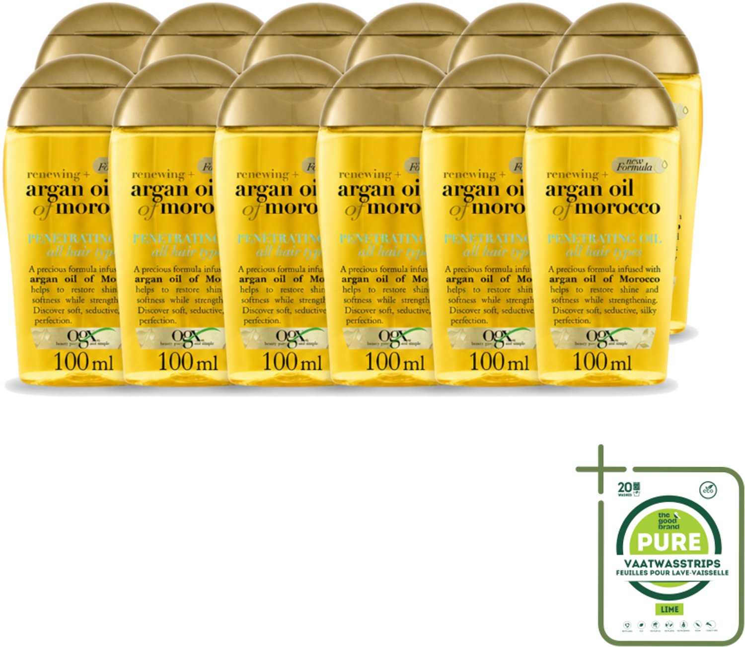 12 x OGX - Argan Oil of Morocco - Haarolie - Penetrating Oil - Intensief Herstel - 100 ml - Grootverpakking - Vaatwasstrips - Haarolie - Arganolie - Haarherstel - Pluiscontrole - Haarverzorging