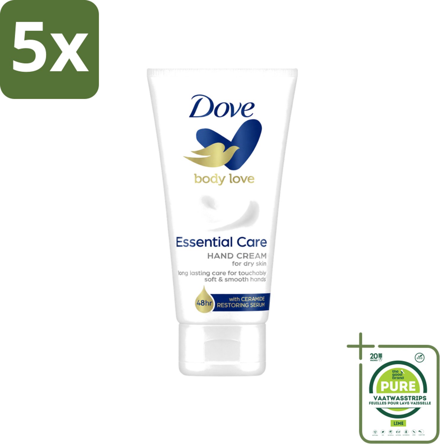 5 x Dove - Handcrème - Body Love Essential Care - Hydraterend - Droge huid - 75 g - Grootverpakking - Vaatwasstrips - Handcrème - Droge Huid - Hydrateren - Huidbarrière - Handen Verzorgen