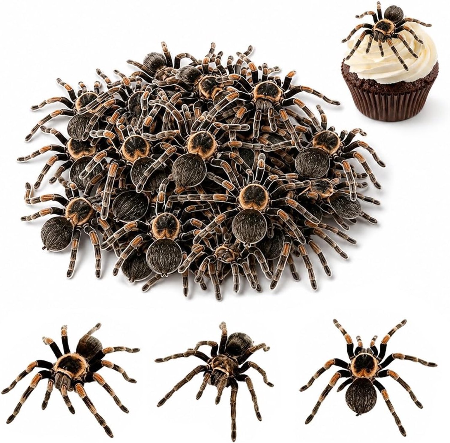 50 stuks eetbare kunststof spinnen van rijstpapier voor taarten en cupcakes, griezelige decoraties voor Halloween-feestjes