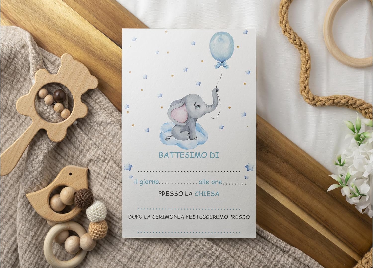 Uitnodigingskaarten voor doop, jongens/meisjes, 20 stuks, eenvoudig met naam en datum, gedrukt op karton, 300 g/m, formaat 95 x 150 mm (kleine blauwe olifant)
