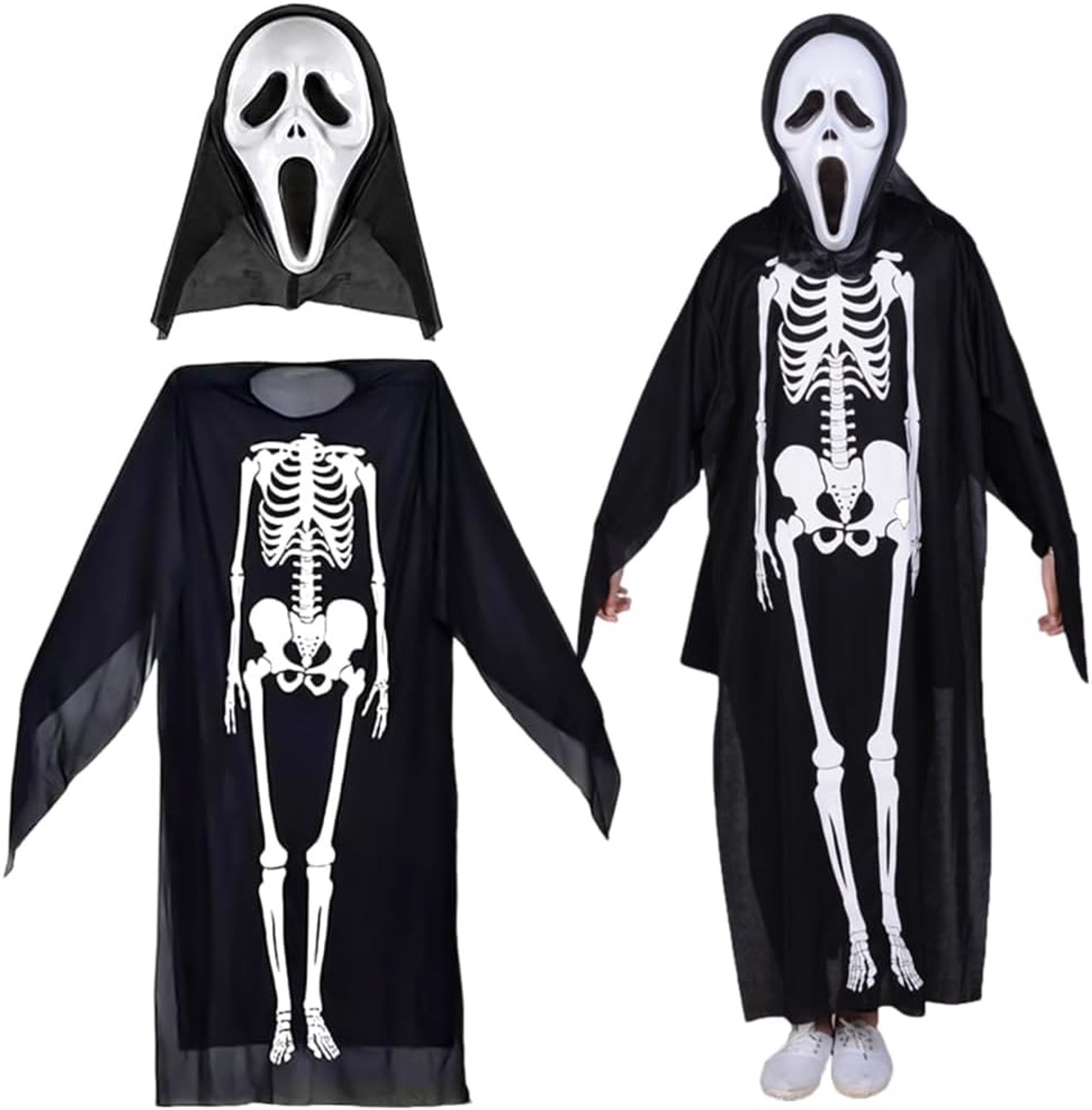 Halloween-kostuum, skeletkostuum, spookkostuum + doodskop-masker, voor Halloween, cosplay, carnaval, horror