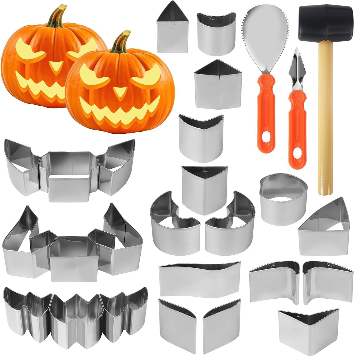 27 stuks Halloween Pumpkin Gravure Set met sjablonen, roestvrijstalen gravuregereedschapspompoen, met spatel en hamer, DIY Halloween -decoratie