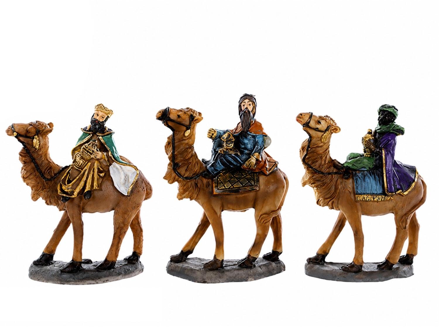 Kerststal beeldjes - de 3 wijzen op kamelen - set 3x stuks - 10 x 9 cm - koningen - dierenbeeldjes - kerststalbeeldjes