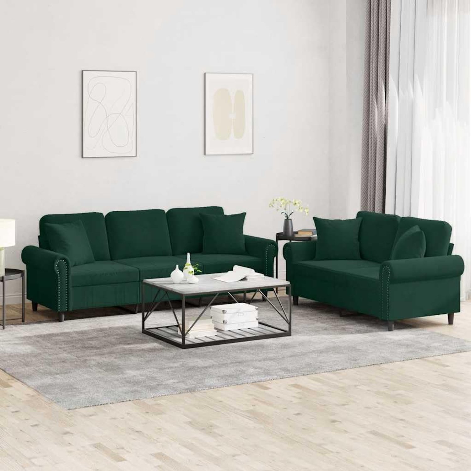 2-delige bankstel, bankstel met kussen, donkergroen, fluweel, comfortabele bank met robuust frame, voor woonkamer
