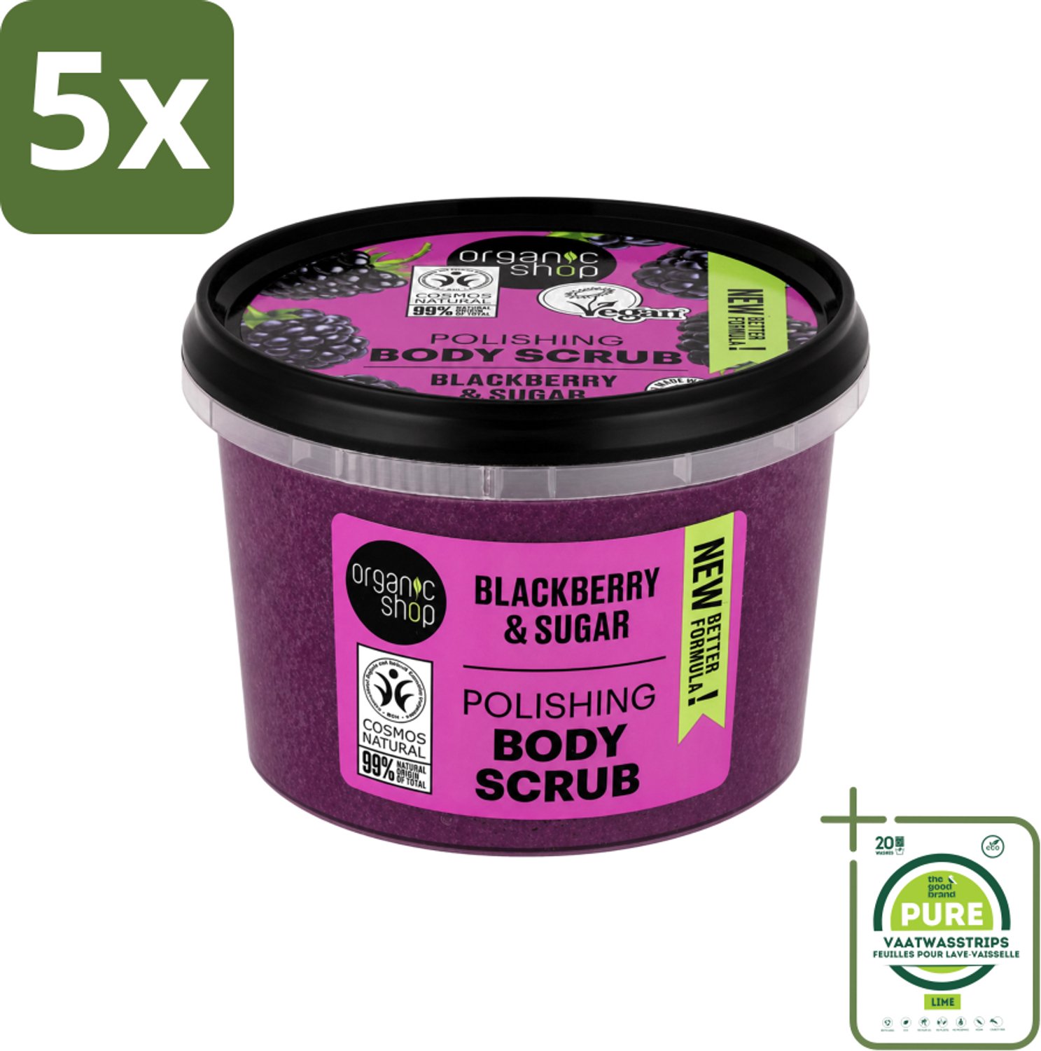 5 x Organic Shop - Body Scrub Blackberry - Verfrissend en Hydraterend - 250 ml - Grootverpakking - Vaatwasstrips - Bodyscrub - Exfoliatie - Huidverzorging - Braamextract - Natuurlijke Suiker