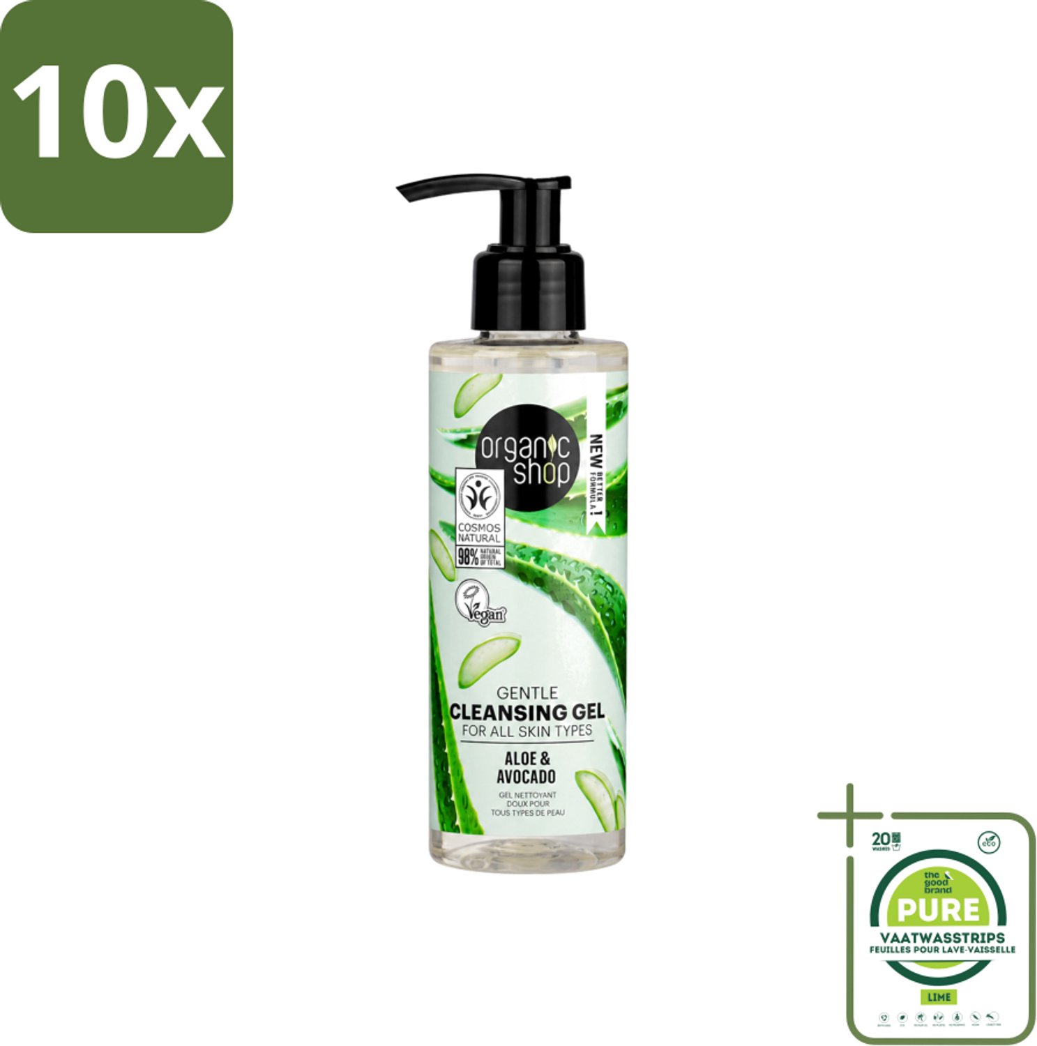 10 x Organic Shop - Cleansing Gel Avocado & Aloe - Verfrissend en Hydraterend - 200 ml - Grootverpakking - Vaatwasstrips - Gezichtsreiniger - Natuurlijke Reiniging - Avocado-olie - Aloë-extract - Hydraterende Gel