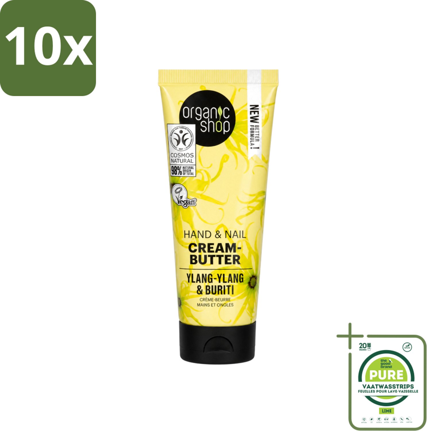 10 x Organic Shop - Ylang-Ylang & Buriti Hand & Nail Cream - Verzachtend en Herstellend - 75 ml - Grootverpakking - Vaatwasstrips - Handcrème - Nagelcrème - Ylang-ylang - Buriti Olie - Natuurlijke Handverzorging