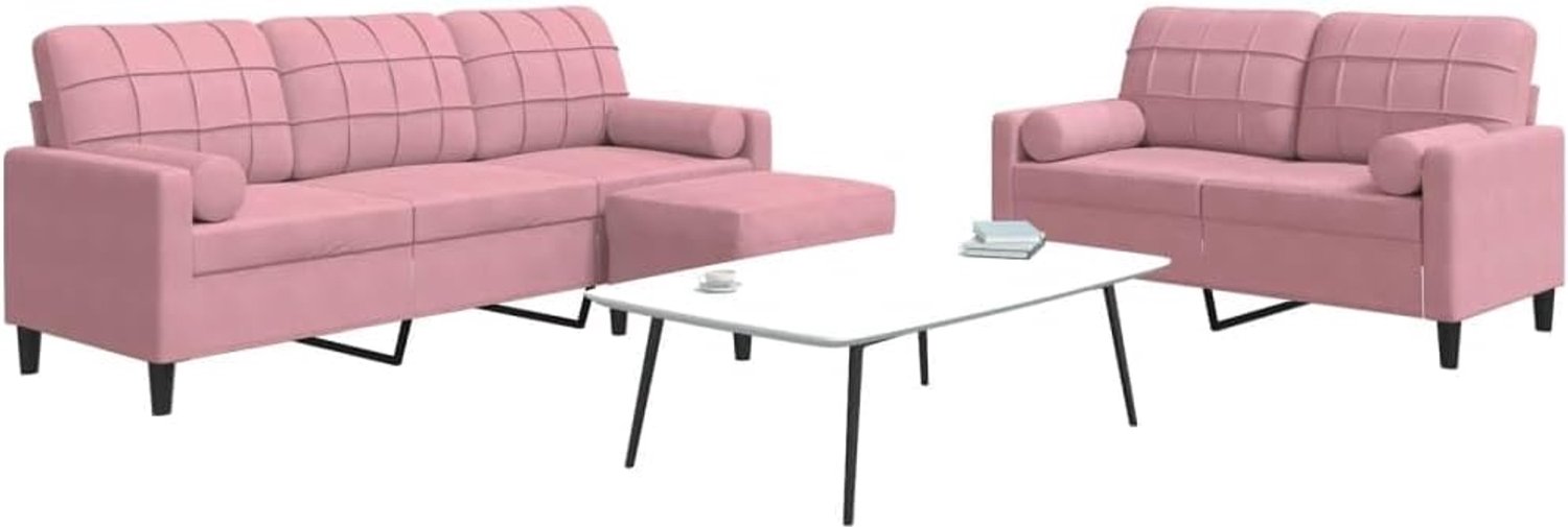 3-delig bankstel met kussen en nekrollen in roze fluweel voor de woonkamer, inclusief zitbekleding met comfortabele zitvlakken en robuust metalen frame