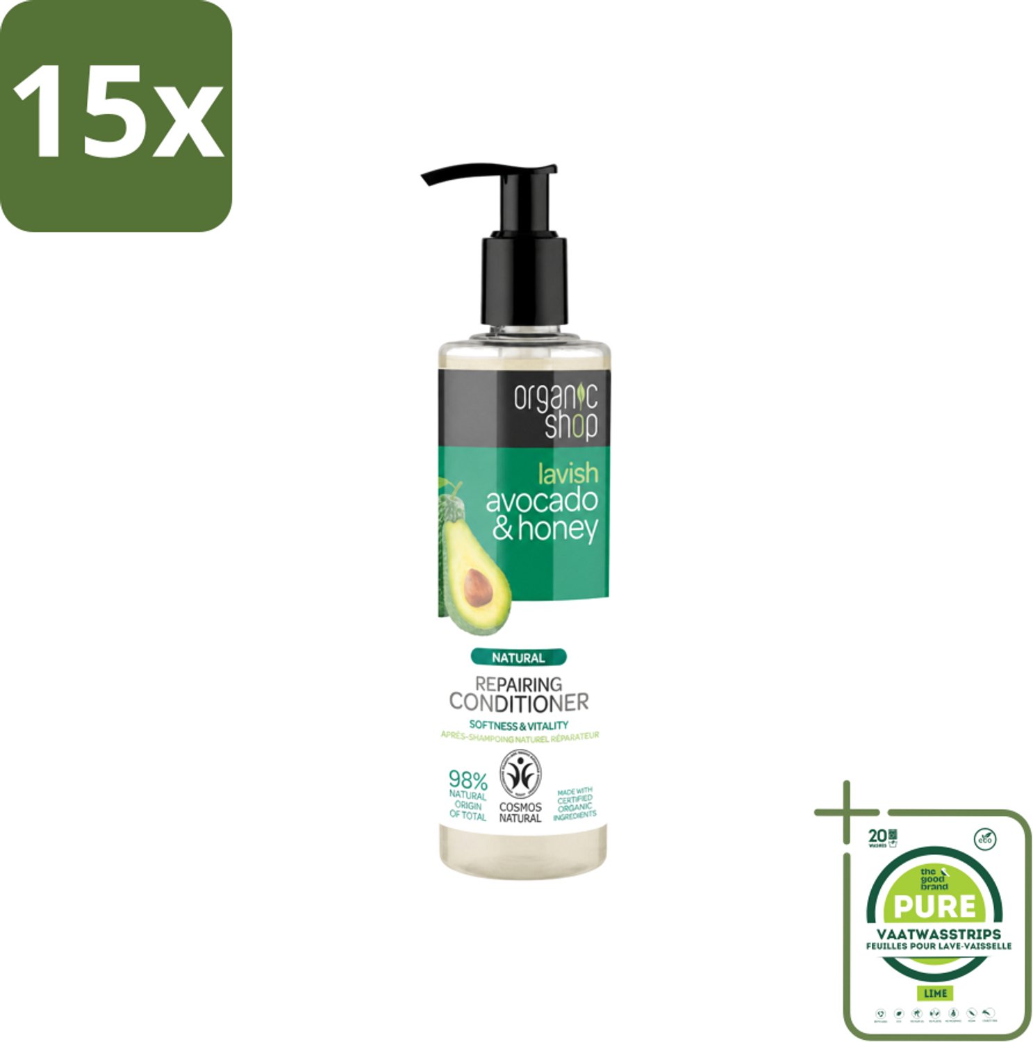 15 x Organic Shop - Natural Repairing Conditioner - Avocado & Honey - 280 ml - Grootverpakking - Vaatwasstrips - Herstel Haar - Natuurlijke Conditioner - Avocado En Honing - Droog Haar - Beschadigd Haar