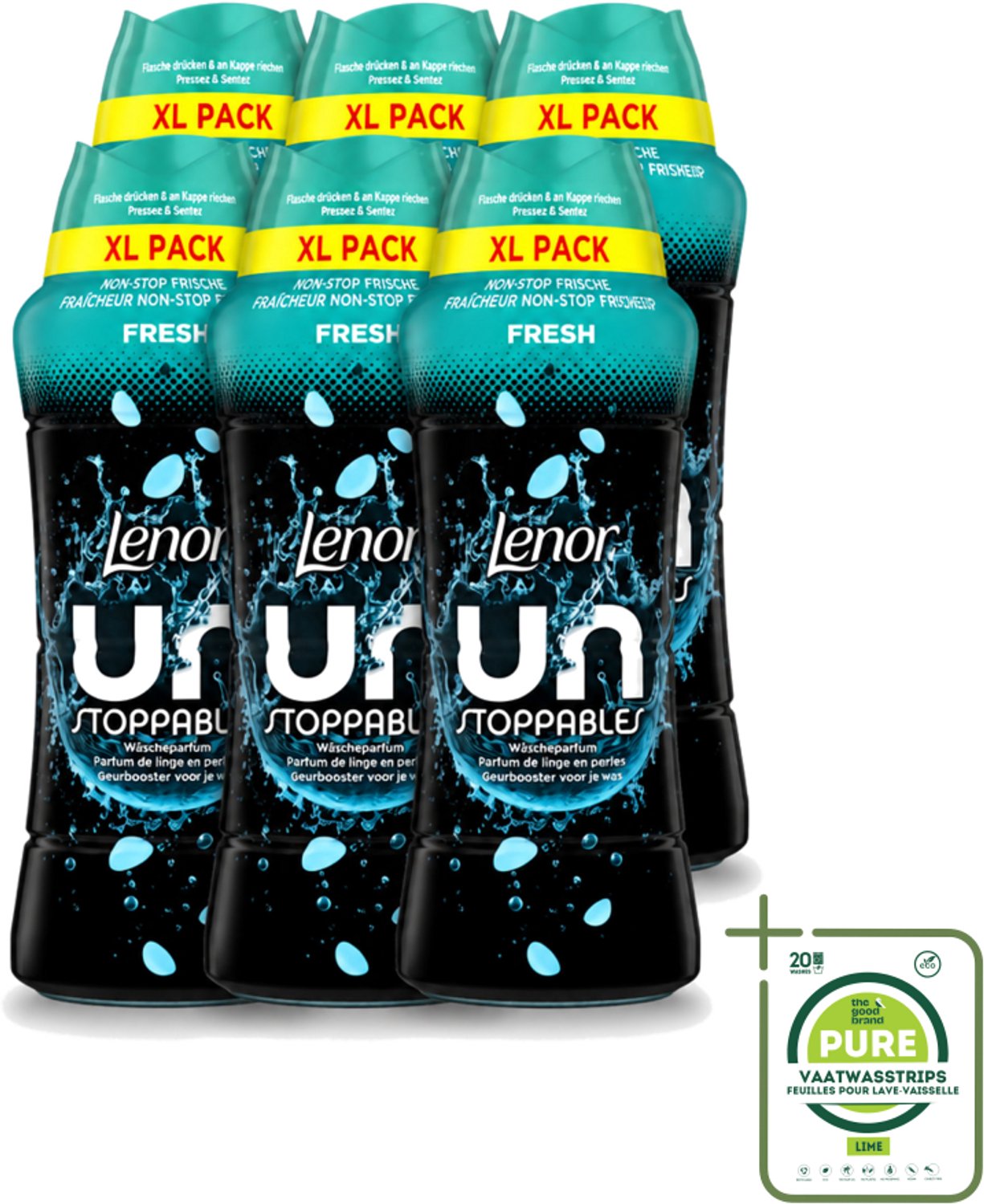 6 x Lenor Unstoppables - Geurbooster - Fris - Non-Stop Frisheid - Grootverpakking - Grootverpakking - Vaatwasstrips - Geurbooster - Frisheid - Wasgeur - Citrusgeur - Fruitgeur