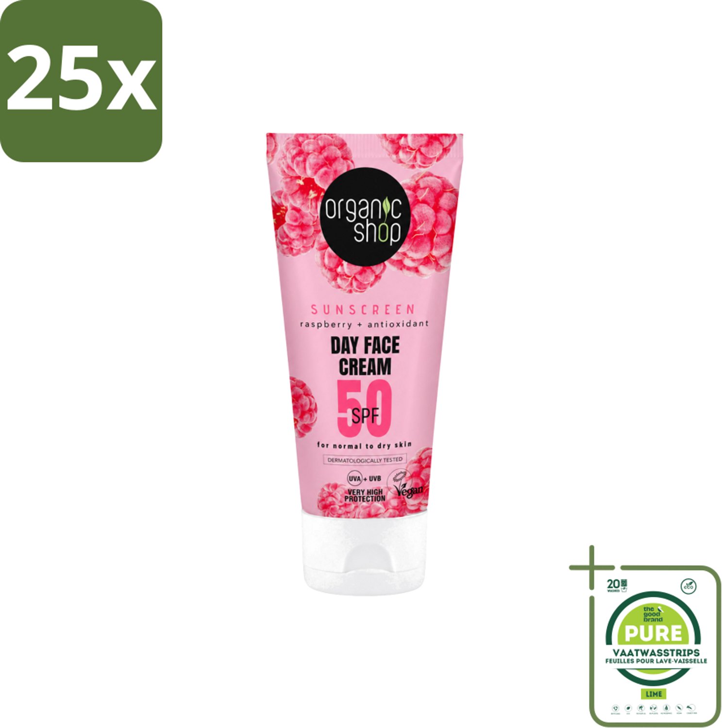 25 x Organic Shop - Zonnebrandcrème Gezicht SPF 50 - Normale Huid - 50 ml - Grootverpakking - Vaatwasstrips - Zonbescherming Gezicht - SPF 50 - Gezichtscreme - Huidbescherming - Droge Huid