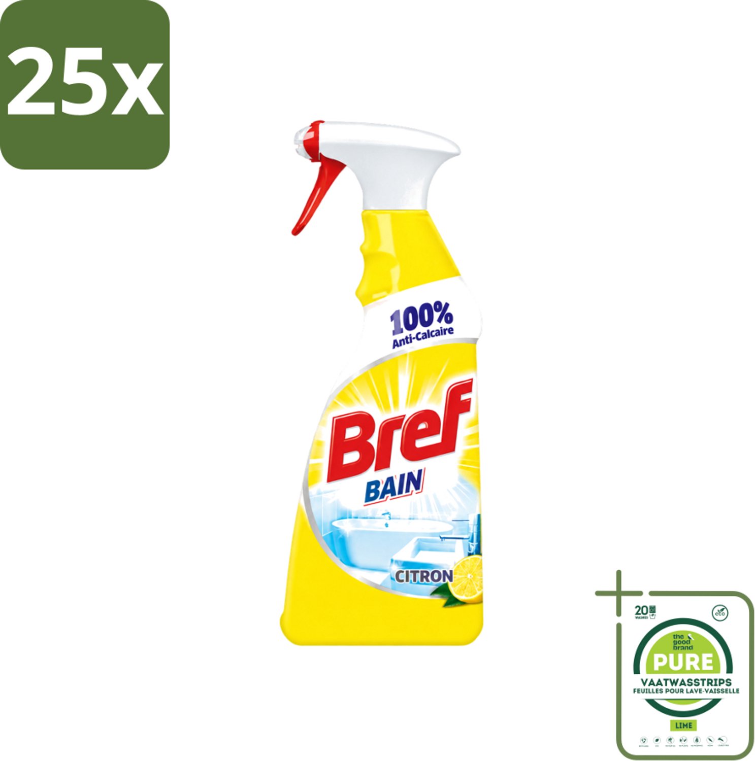 25 x Bref - Badkamerreiniger - Spray - Anti-Kalk - Citroen - 750 ml - Grootverpakking - Vaatwasstrips - Badkamer Reiniger - Kalkbestrijder - Zeep En Vuil Verwijderen - Citroenspray - Badkamer Reinigen
