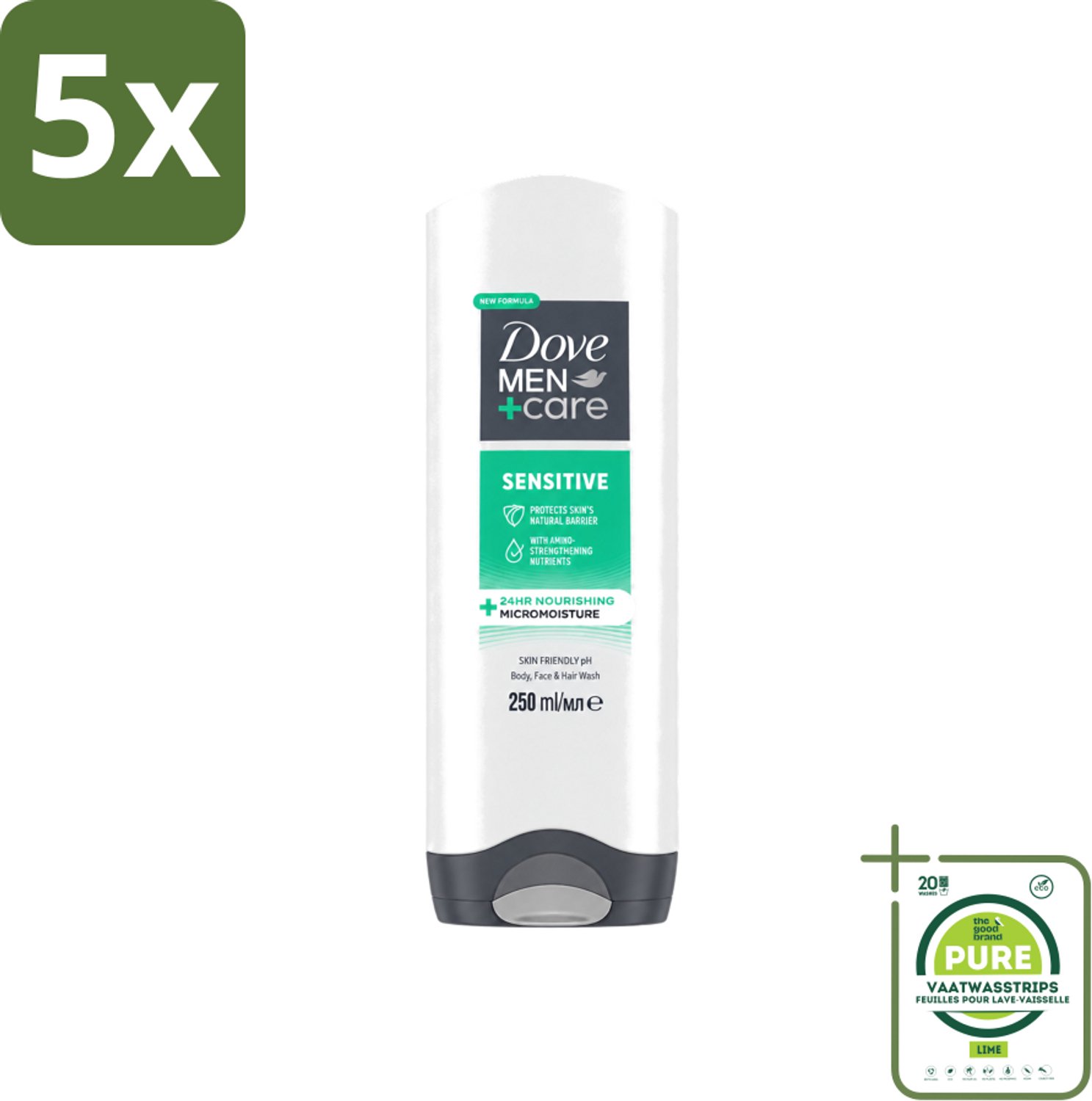 5 x Dove Men+Care - Sensitive - Douchegel 3-in-1 - Verzorgend - 250 ml - Grootverpakking - Vaatwasstrips - Gevoelige Huid - Lichaamsgel - Gezichtsgel - Haarverzorging - Milde Reiniging