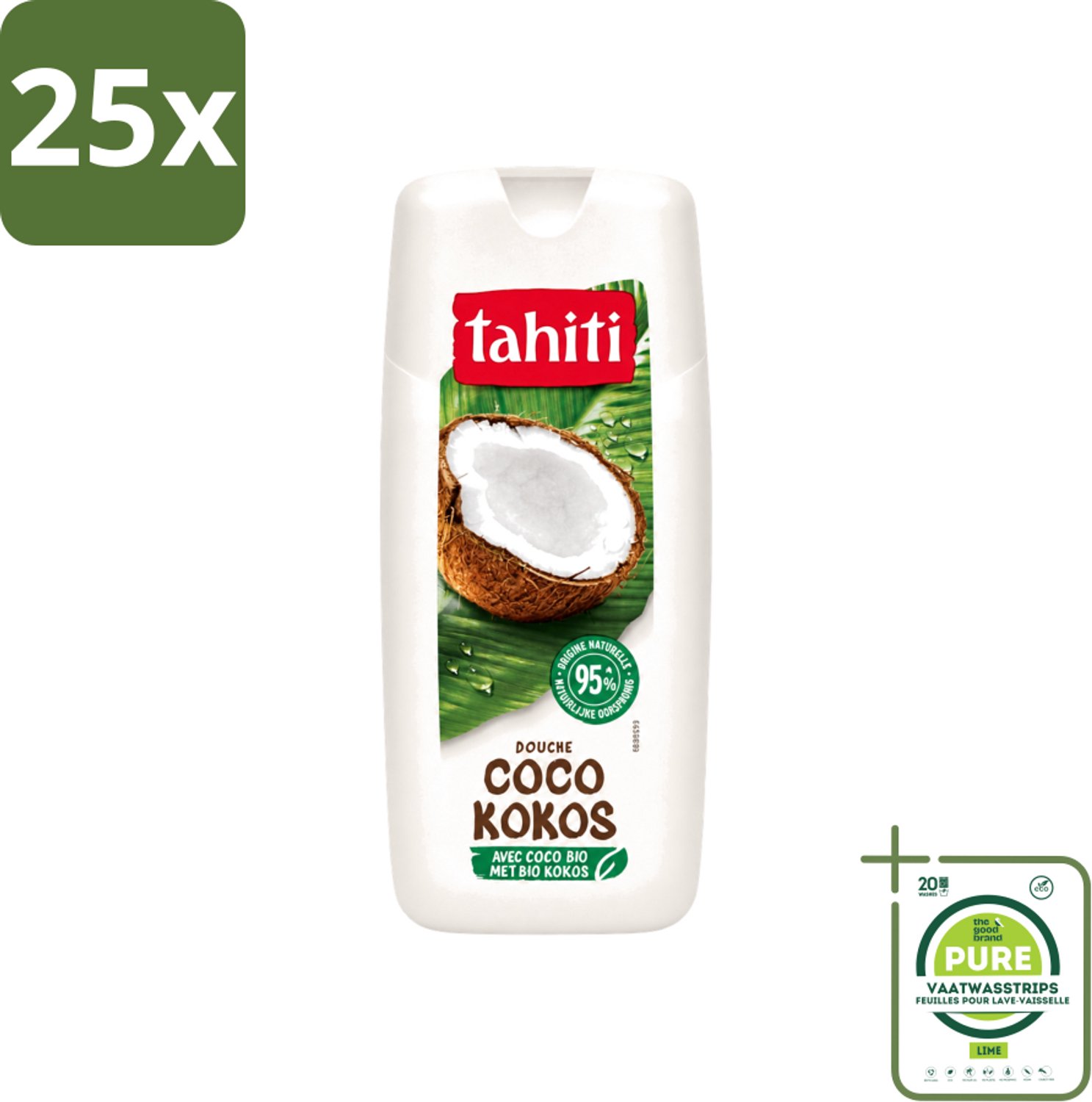 25 x Tahiti - Douchegel - Biologische Kokos - 100% Vegan - 300 ml - Grootverpakking - Vaatwasstrips - Douchegel Kokos - Biologische Kokos - Kokos Douchegel - Hydratatie Huid - Verzorging Huid