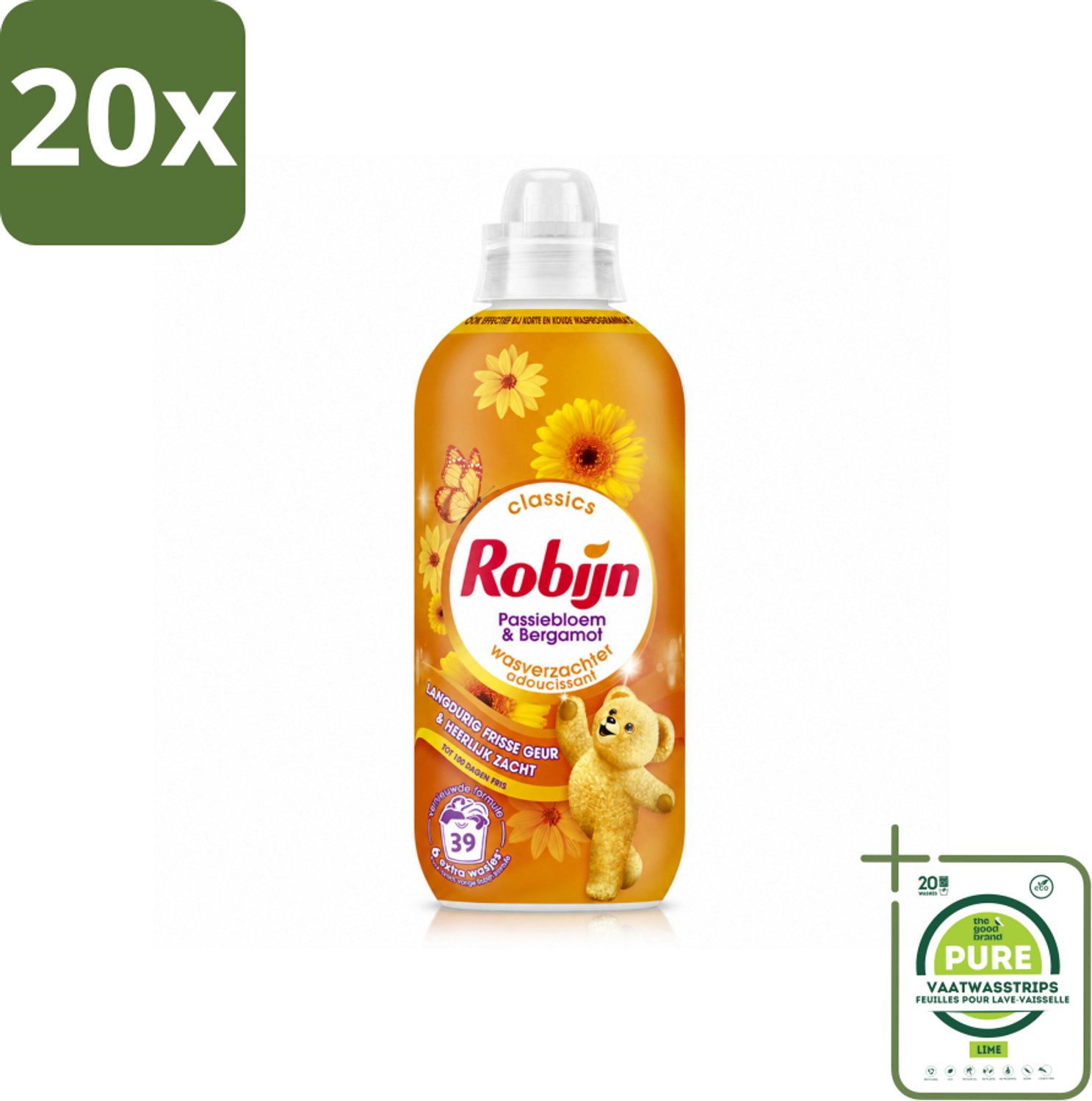 20 x Robijn – Wasverzachter – Passiebloem & Bergamot – 780 ml - Grootverpakking - Vaatwasstrips - Wasverzachter - Wasverzachter Passiebloem Bergamot - Wasverzachter Voor Katoen - Wasverzachter Voor Synthetisch - Wasverzachter Voor Blends