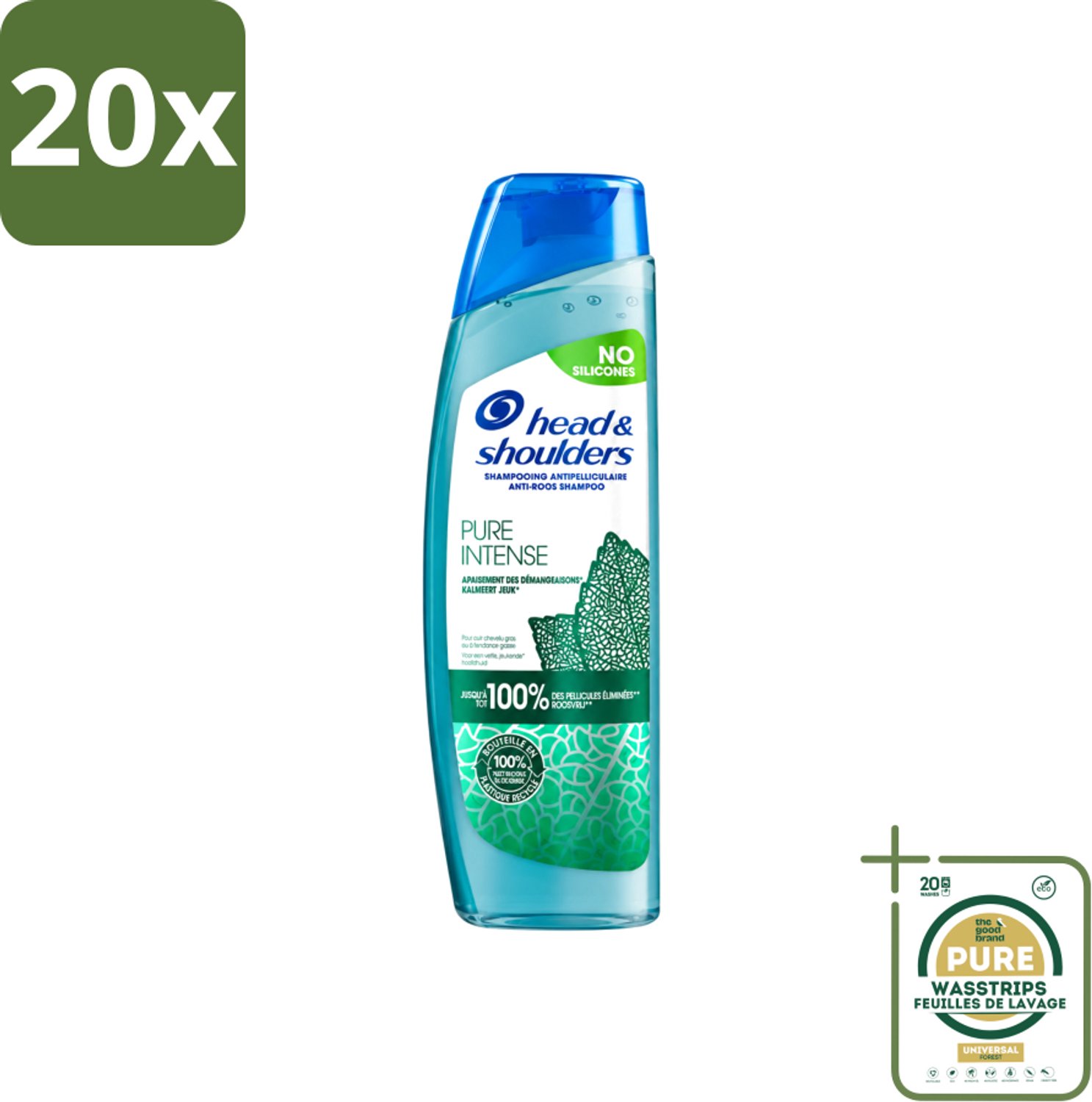 20 x Head & Shoulders – Shampoo – Pure Intense Kalmeert Jeuk – 250 ml - Wasstrips - Anti-roos Shampoo - Shampoo Bij Jeukende Hoofdhuid - Pepermunt Shampoo - Jeuk Kalmeren - Roosvrij Haar