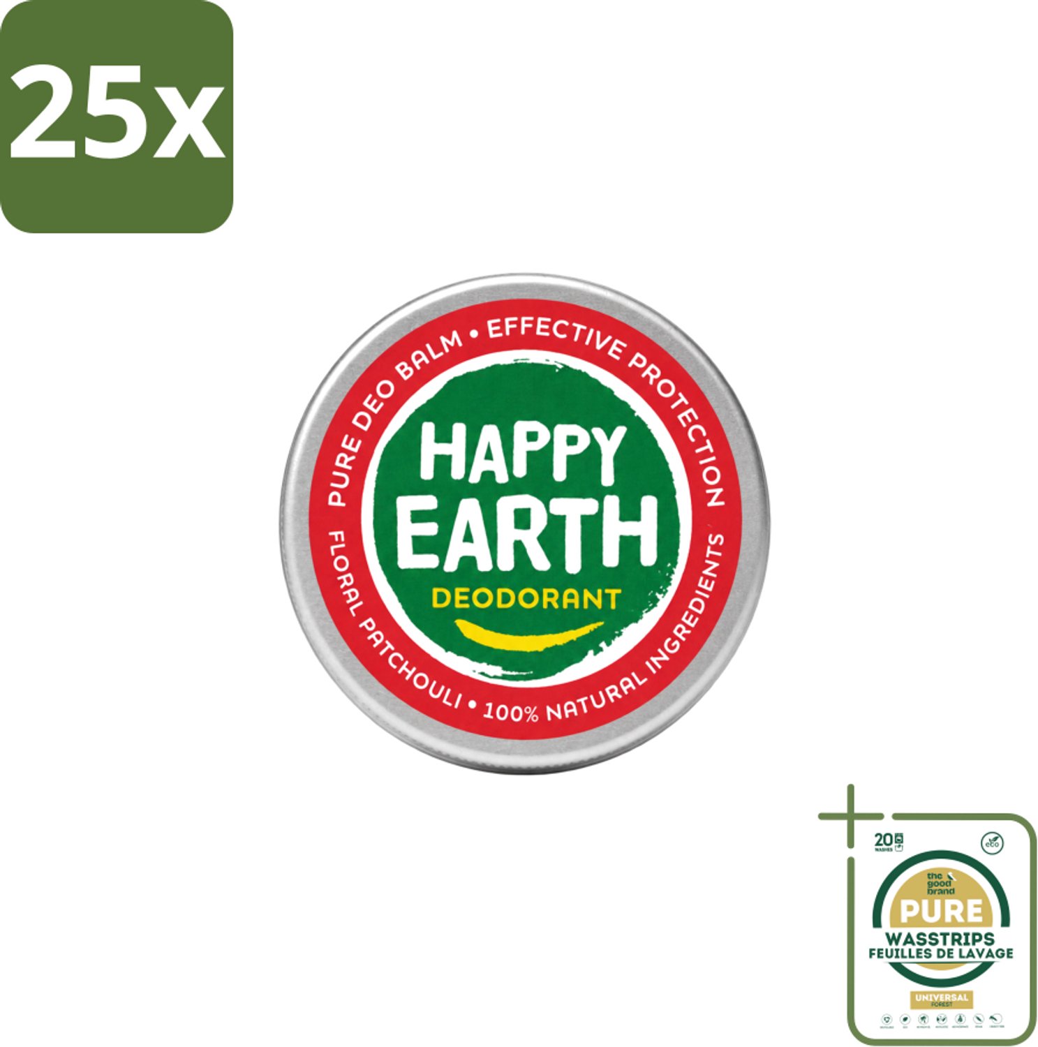 25 x Happy Earth – Deodorant Balm – 100% Natuurlijk Floral Patchouli – 45 g - Wasstrips - 100% Natuurlijke Deodorant - Bloemige Geur - Patchouli - Huidvriendelijk - Anti-geur