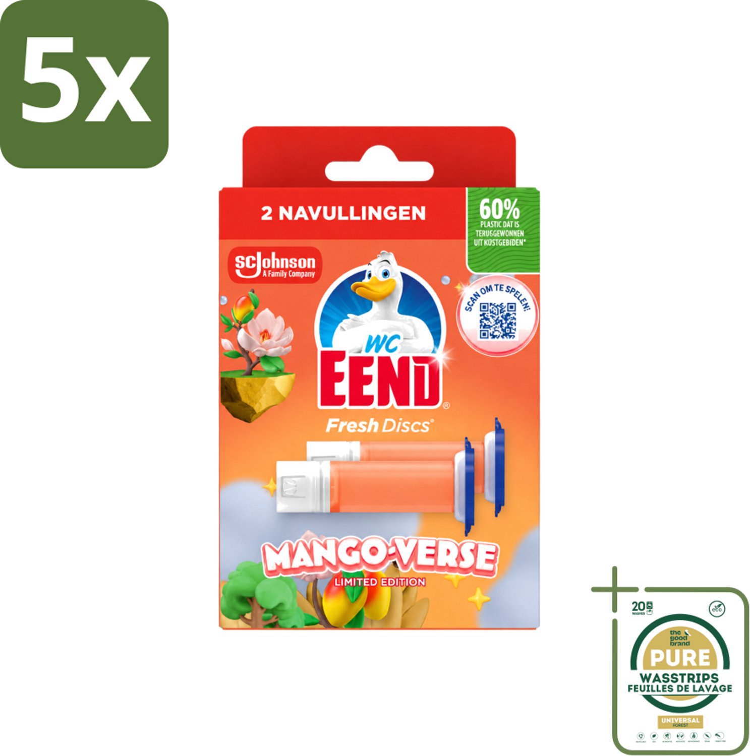5 x WC Eend – Fresh Discs – Duo Navulling – Mango Verse – 72 ml - Wasstrips - WC Eend - Navulling - Mango Verse - Toilet Disc - Toilet Reiniging