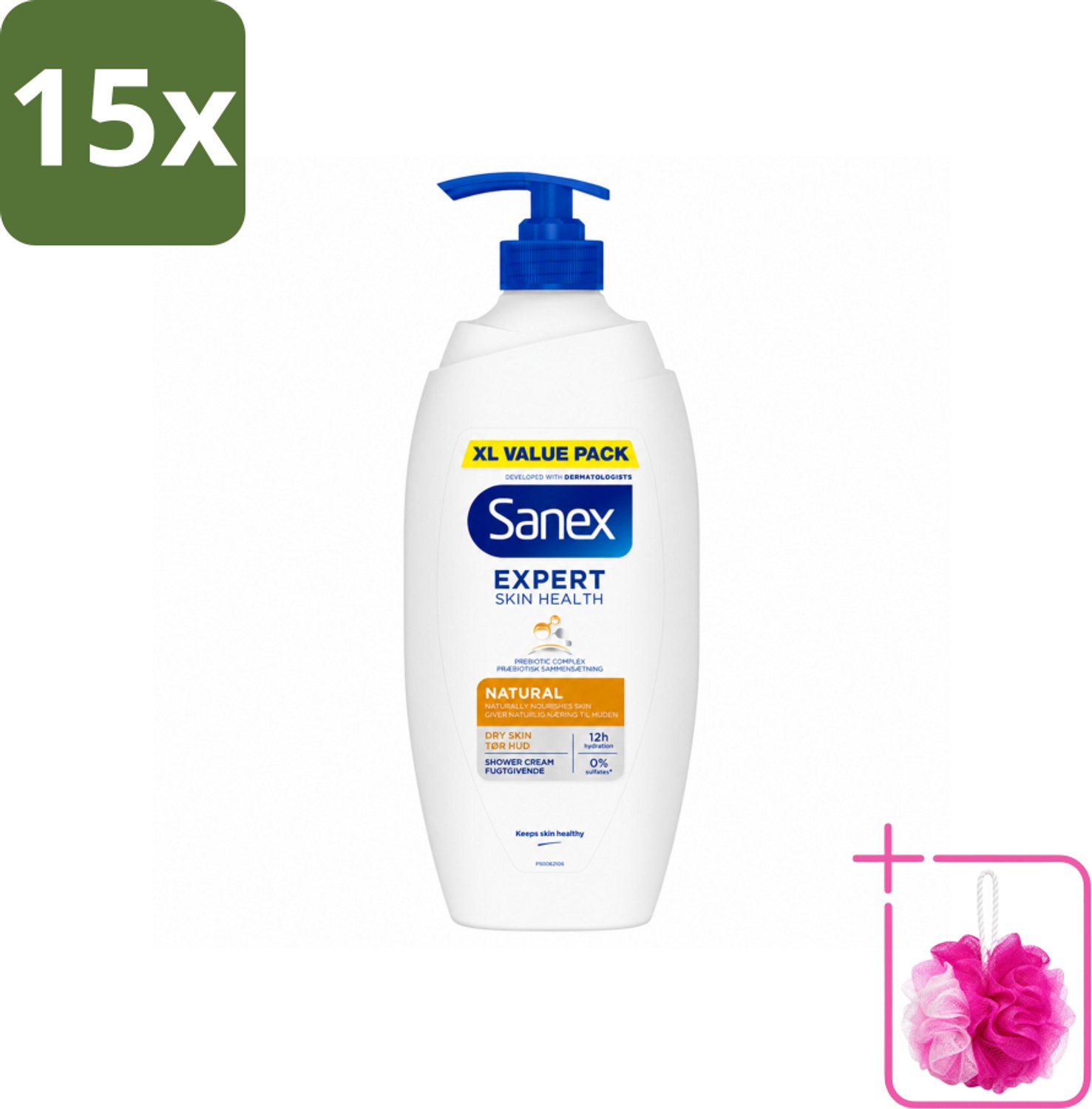 15 x Sanex – Douchecrème – Expert Skin Health Naturals – 750 ml - Bulkverpakking - Gevoelige huid - Douchemop - Huidverzorging