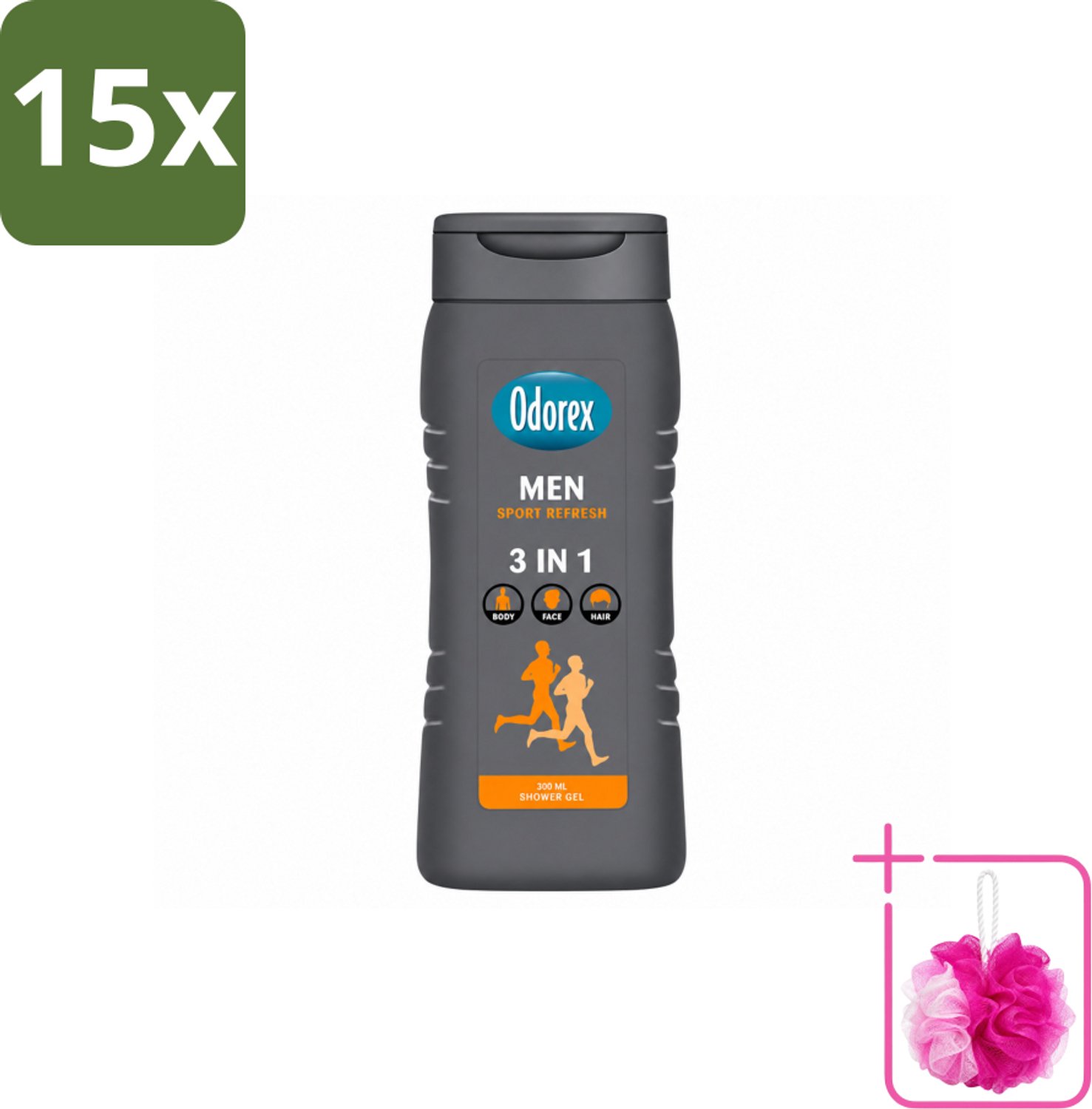 15 x Odorex – Douchegel – For Men Sport Refresh – 300 ml - Bulkverpakking - Douchegel voor mannen - Douchemop - Sportieve douchegel