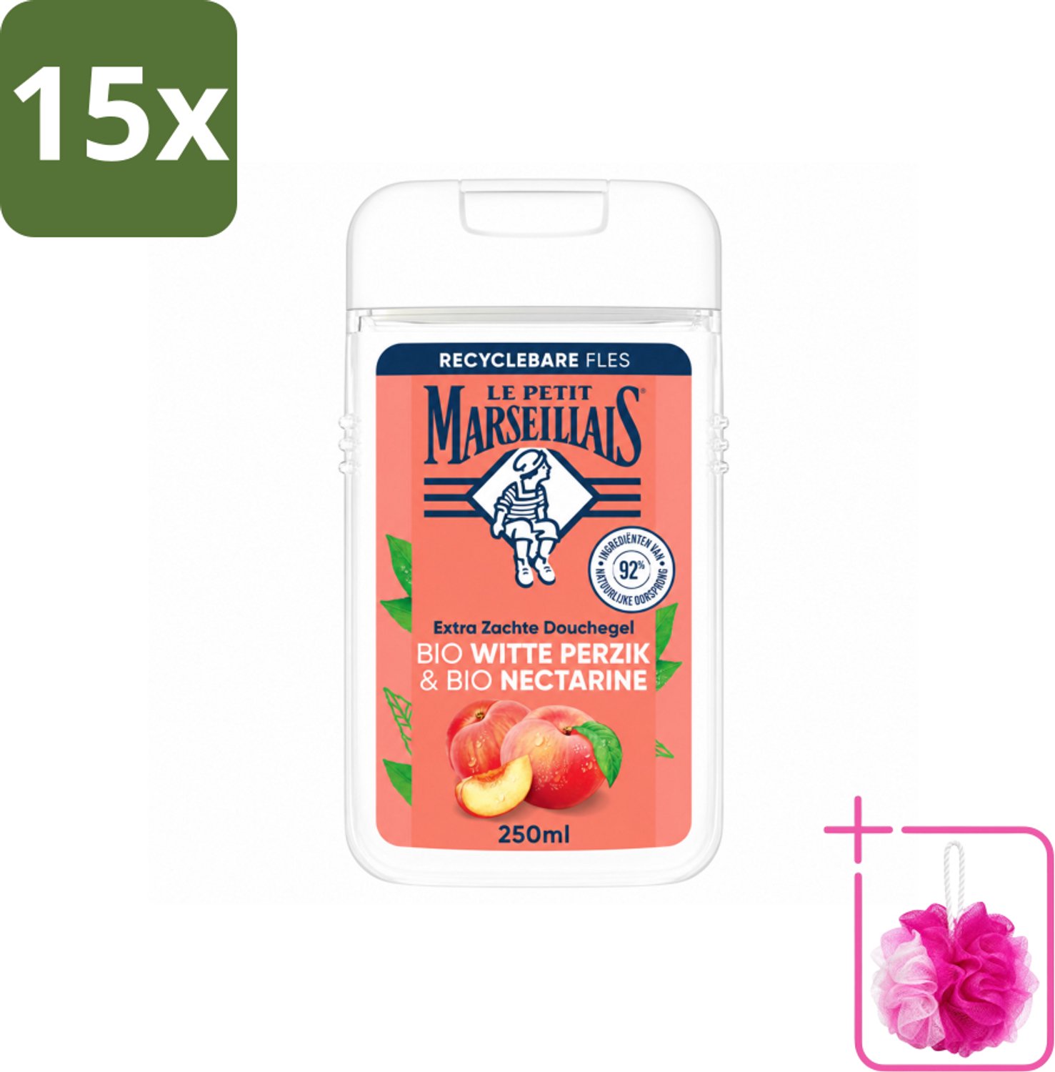 15 x Le Petit Marseillais – Douchegel – Bio Perzik & Nectarine – Verfrissend – 250 ml - Bulkverpakking - Douchegel bio perzik en nectarine - Douchemop - Frisse douchegel