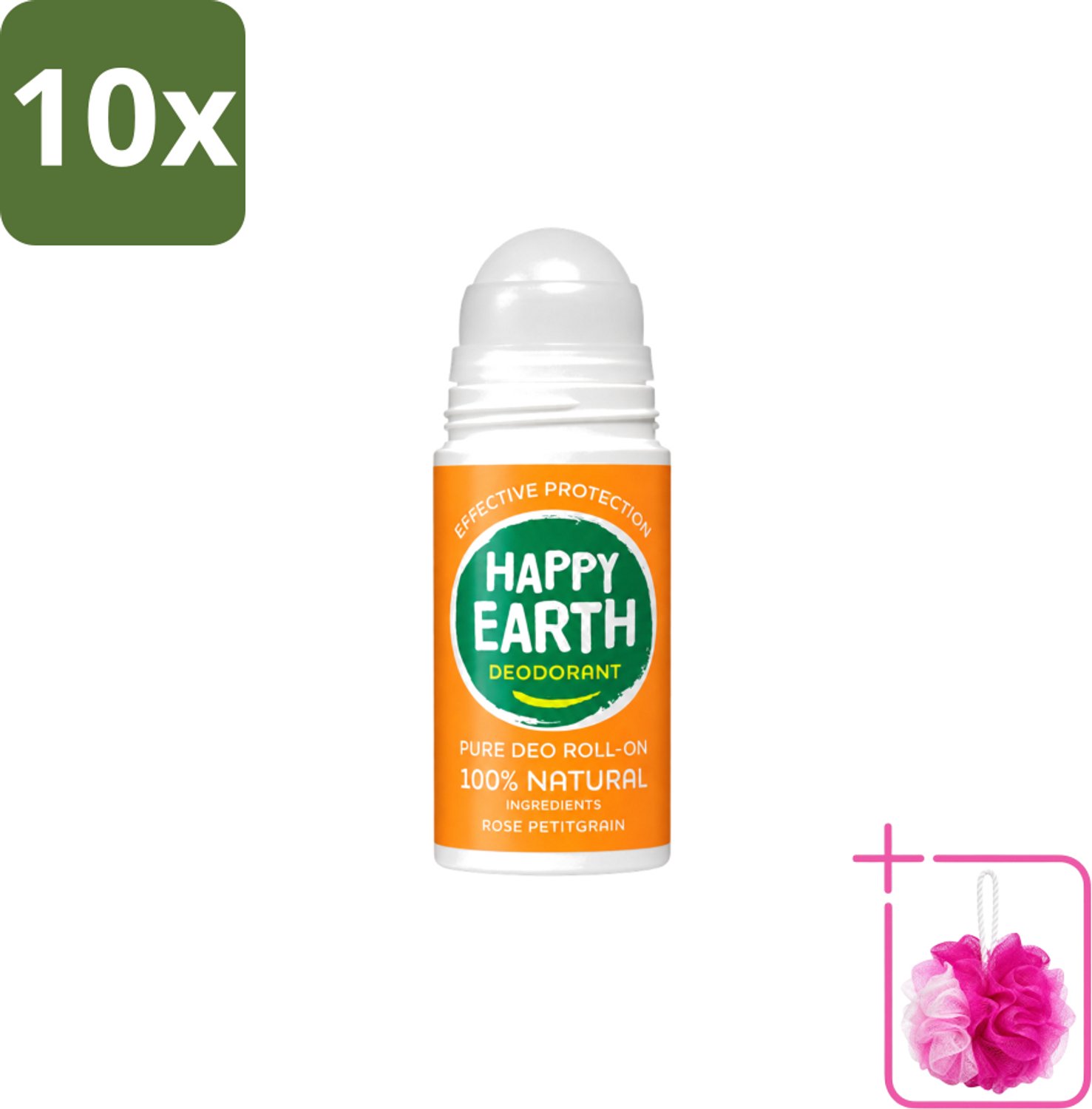 10 x Happy Earth – Deodorant Roll-On – 100% Natuurlijk Rose Petitgrain – 75 ml - Bulkverpakking - Natuurlijke deodorant - Douchemop - Roll-on deodorant