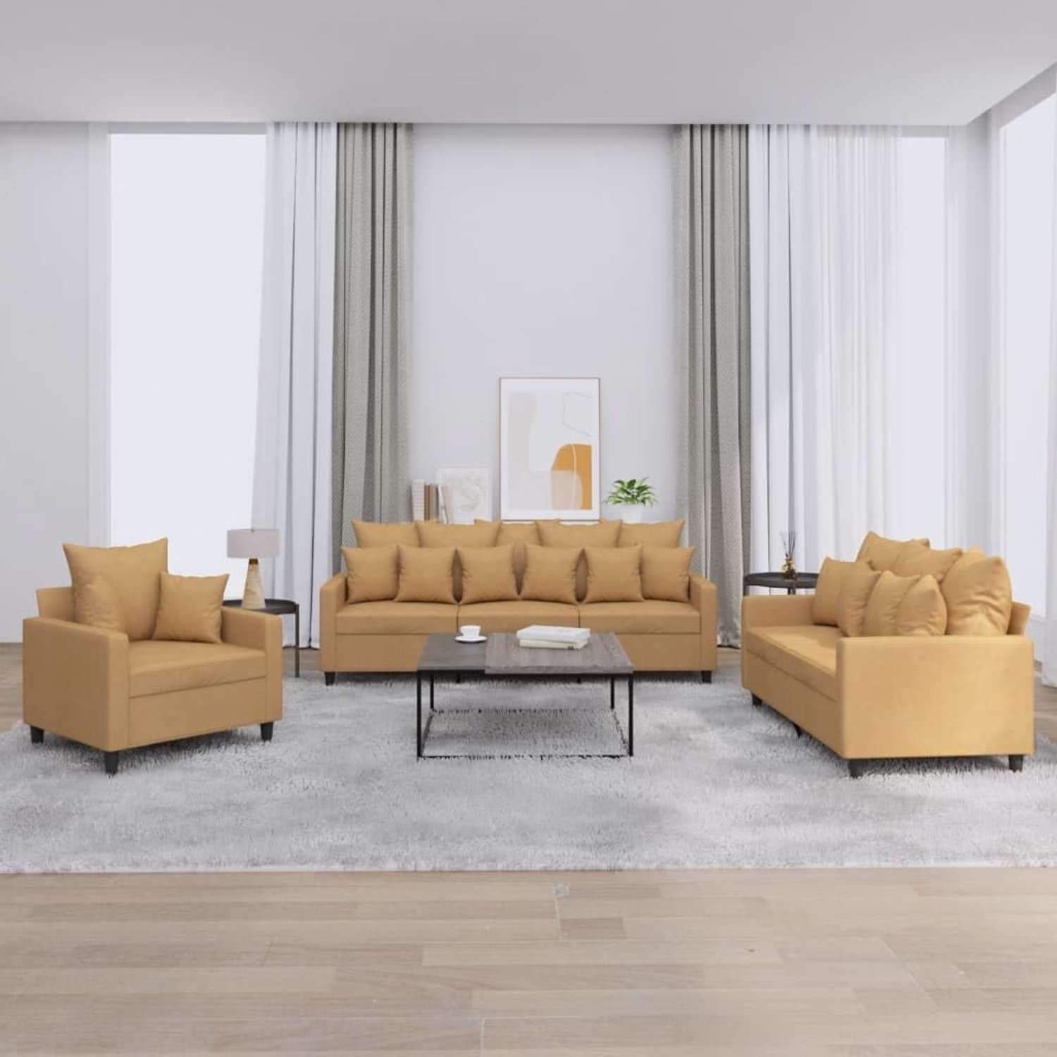 3-delig. Bankset met kussen bruin fluweel, zachte velours stof en robuust metalen frame voor woonkamer, comfortabele gestoffeerde bankset met stabiele constructie