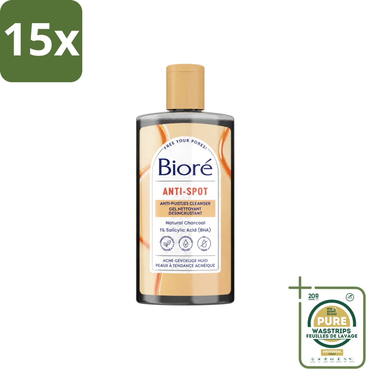 15 x Bioré – Houtskool Anti-Puistjes Reinigingsgel – Gezichtsreiniger – 200 ml - Wasstrips - Huid Reinigen - Puistjes Voorkomen - Vet Huid Reinigen - Salicylzuur - Houtskool