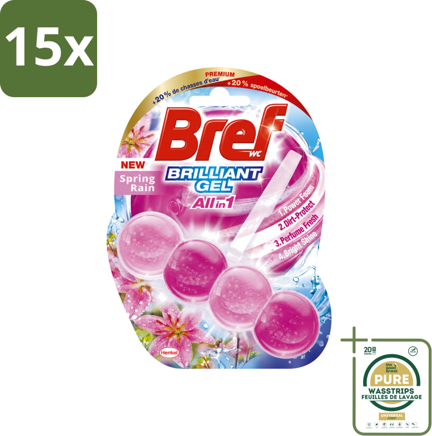 15 x Bref - Toiletblok - Brilliant Gel - Spring Rain - 42g - Wasstrips - Toiletblok - Toilet Reinigen - Toilet Fris - Toilet Glans - Toilet Hygiëne