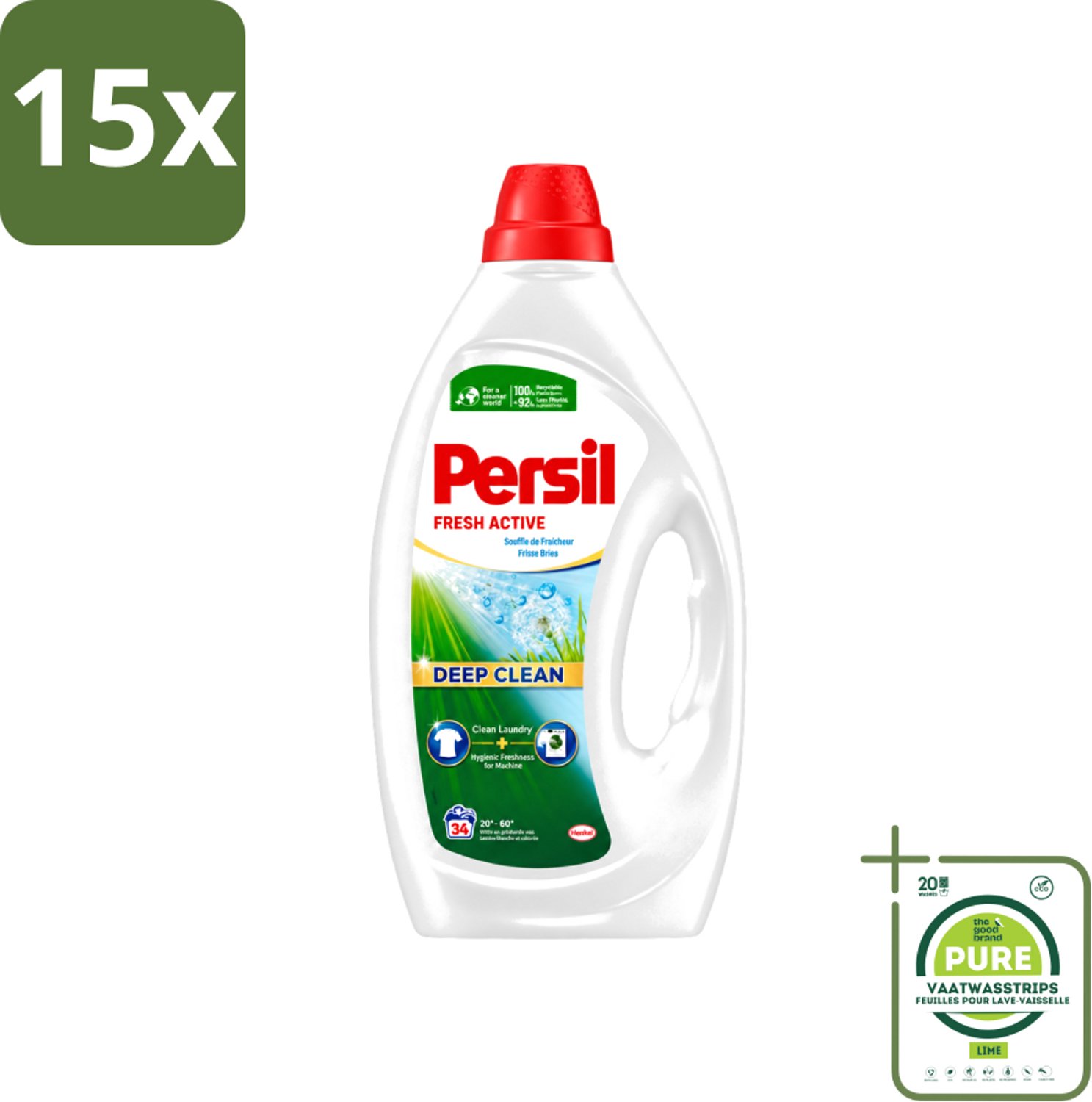 15 x Persil Fresh Active - Vloeibaar Wasmiddel - Witte en Gekleurde Was - Frisse Bries - 34 Wasbeurten - Grootverpakking - Vaatwasstrips - Wasmiddel - Frisse Bries - Diepe Reiniging - Wasmachine Reinigen - Vuilresten Verwijderen