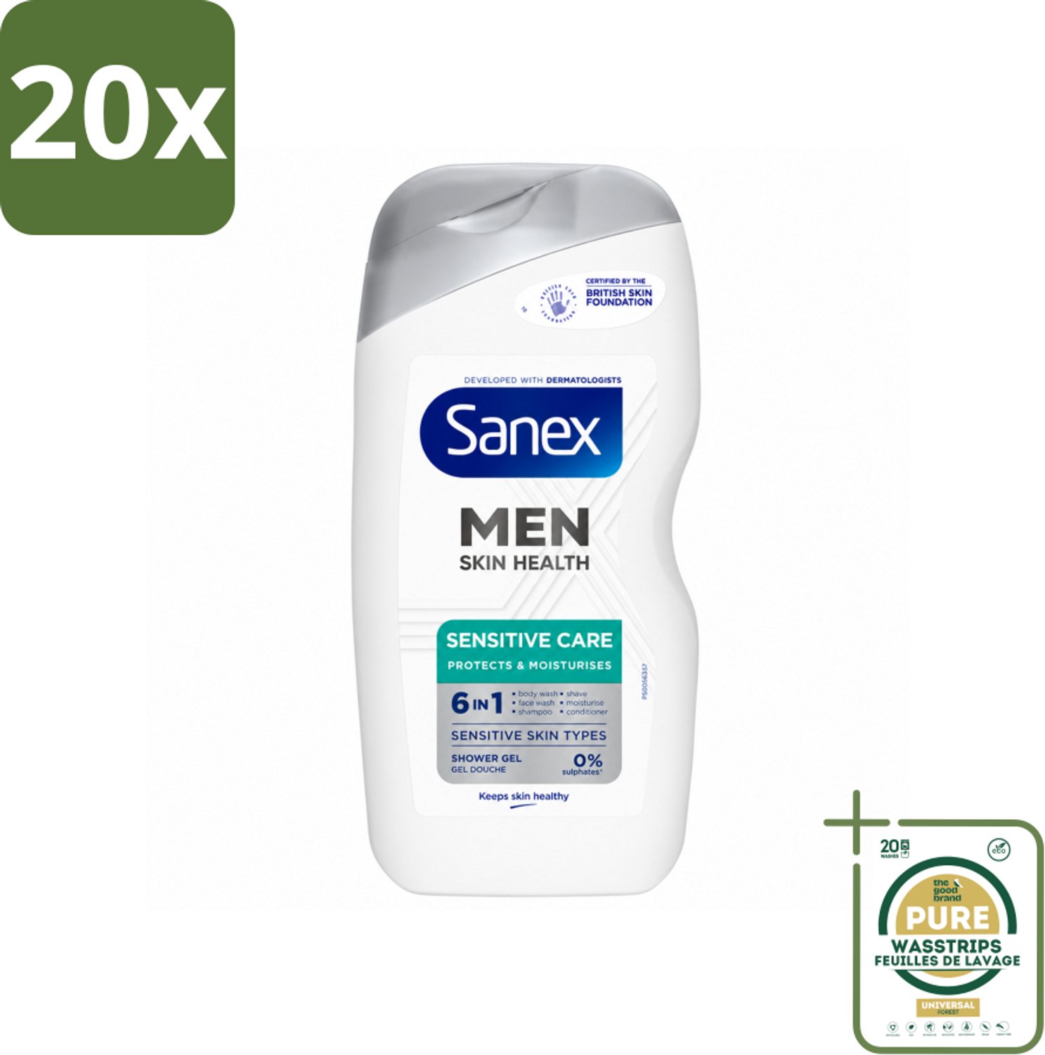 20 x Sanex – Douchegel – Men Sensitive – 400 ml - Wasstrips - Douchegel Mannen - Gevoelige Huid - Gevoelige Mannenhuid - Milde Douchegel - Gezichtsverzorging