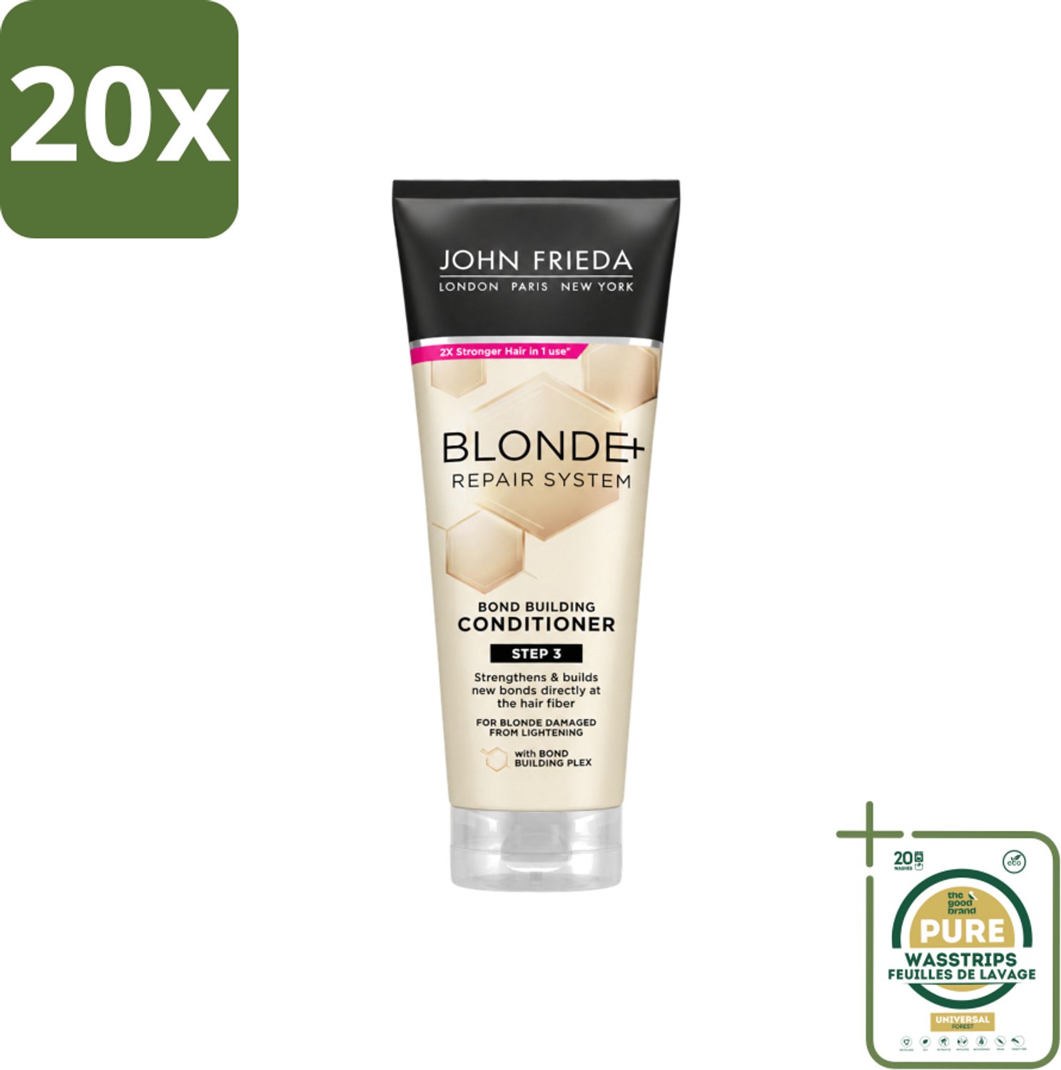 20 x John Frieda – Conditioner – Blonde+ Repair Bond Building – Herstellend – 250 ml - Wasstrips - Herstel Blond Haar - Beschadigd Haar - Haar Versterken - Haar Glans - Haar Herstellen