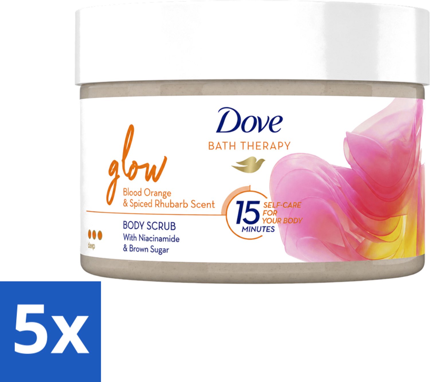 5 x Dove Bath Therapy Glow - Bodyscrub - Bloedsinaasappel & Rabarber - 295 ml - Voordeelverpakking - 5 stuks