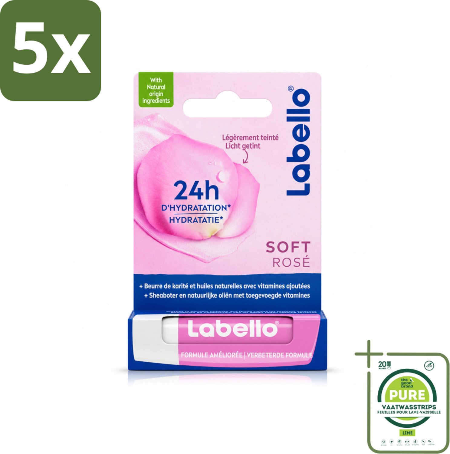5 x Labello – Lippenbalsem – Soft Rosé – Lippenbalsem – 24H Hydratatie - Grootverpakking - Vaatwasstrips - Hydraatende Lippenbalsem - Roze Lippenbalsem - Natuurlijke Lippenverzorging - Lippenhydratatie - Rozenextract