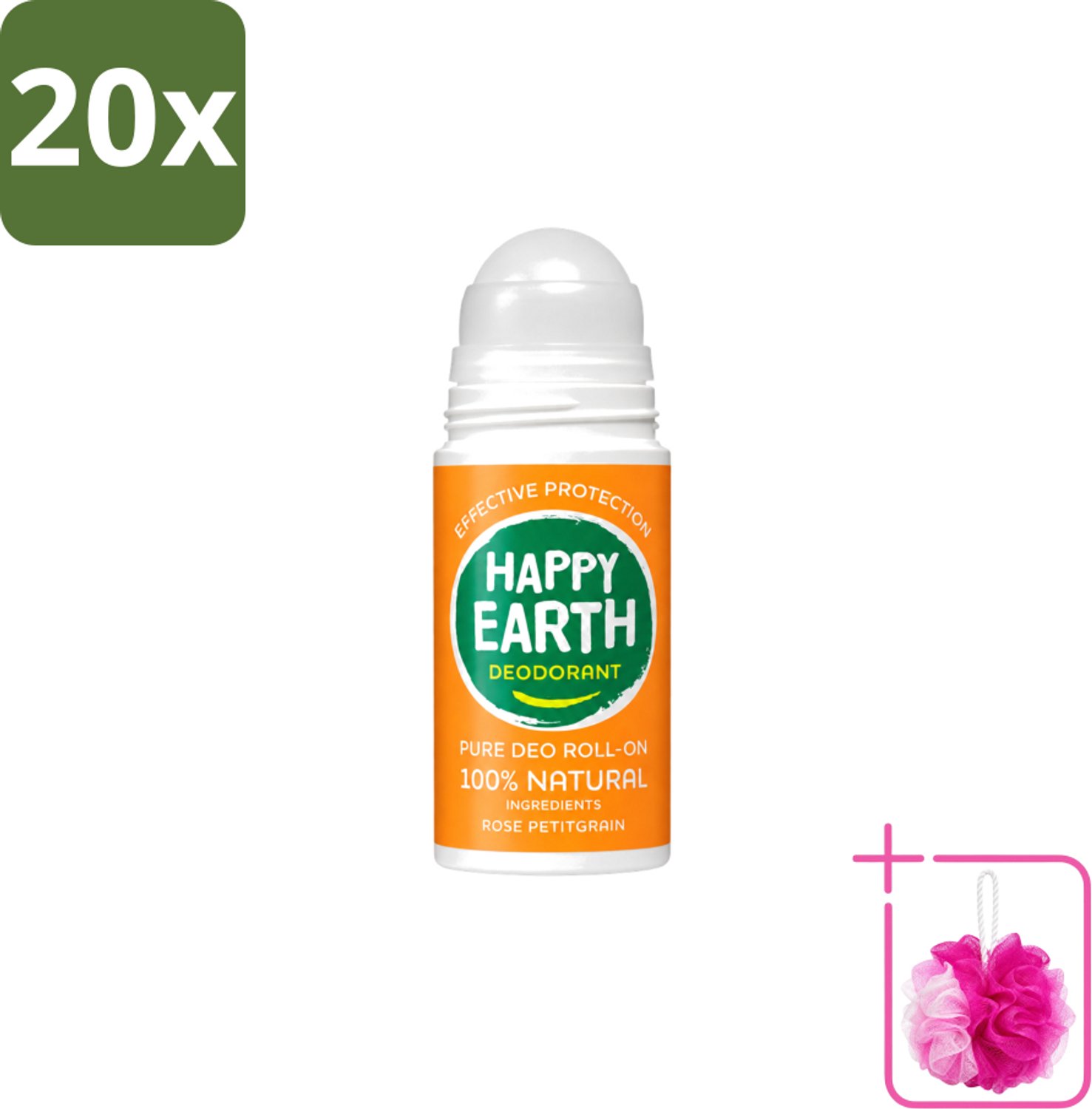 20 x Happy Earth – Deodorant Roll-On – 100% Natuurlijk Rose Petitgrain – 75 ml - Bulkverpakking - Natuurlijke deodorant - Douchemop - Roll-on deodorant