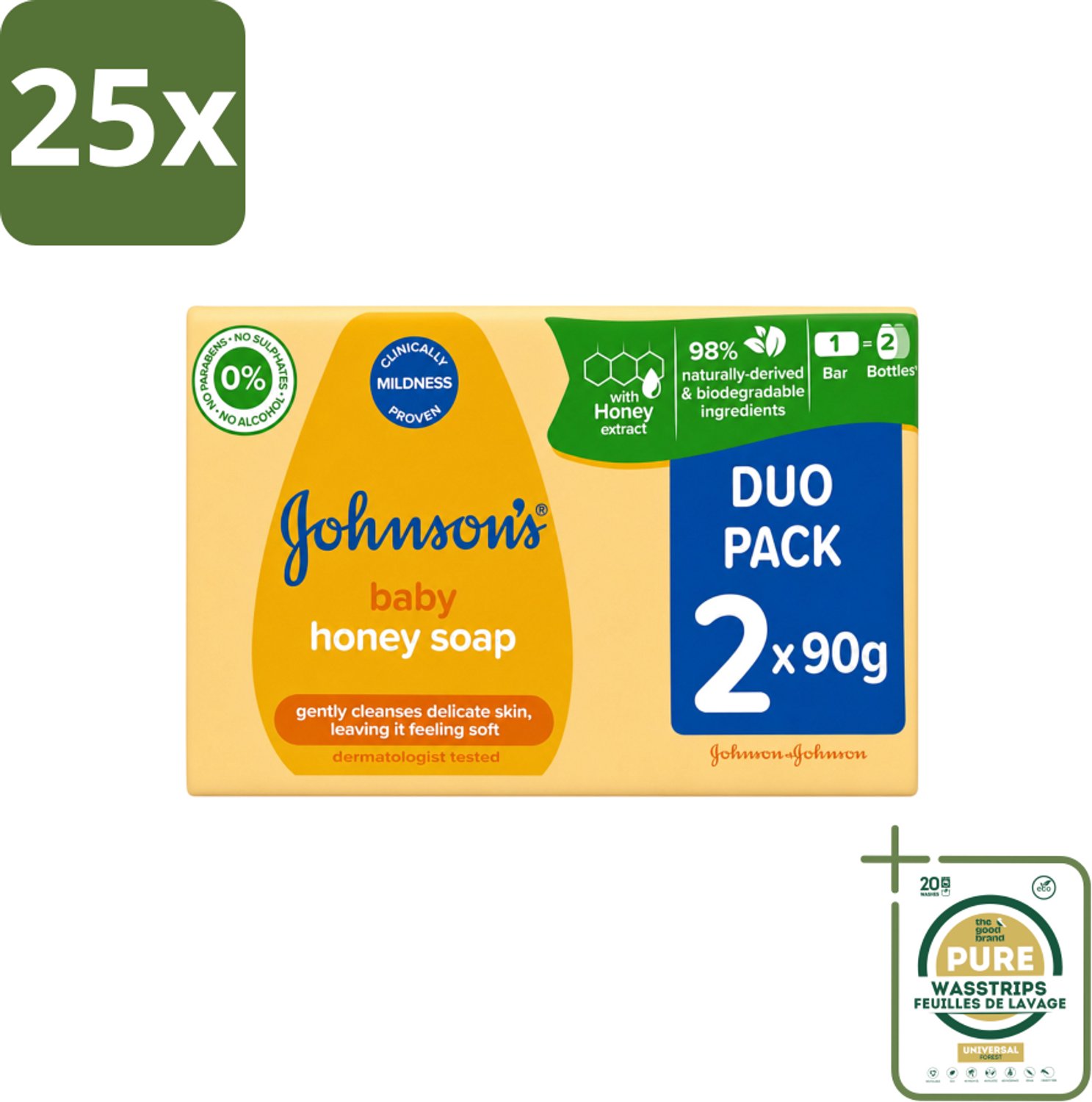25 x Johnson's - Baby Honey Soap - Zacht - Reinigt Gevoelige Huid - 2 x 90 g - Wasstrips - Babyhuid Reinigen - Honing Zeep - Gevoelige Huid - Zachte Zeep - Dermatologisch Getest
