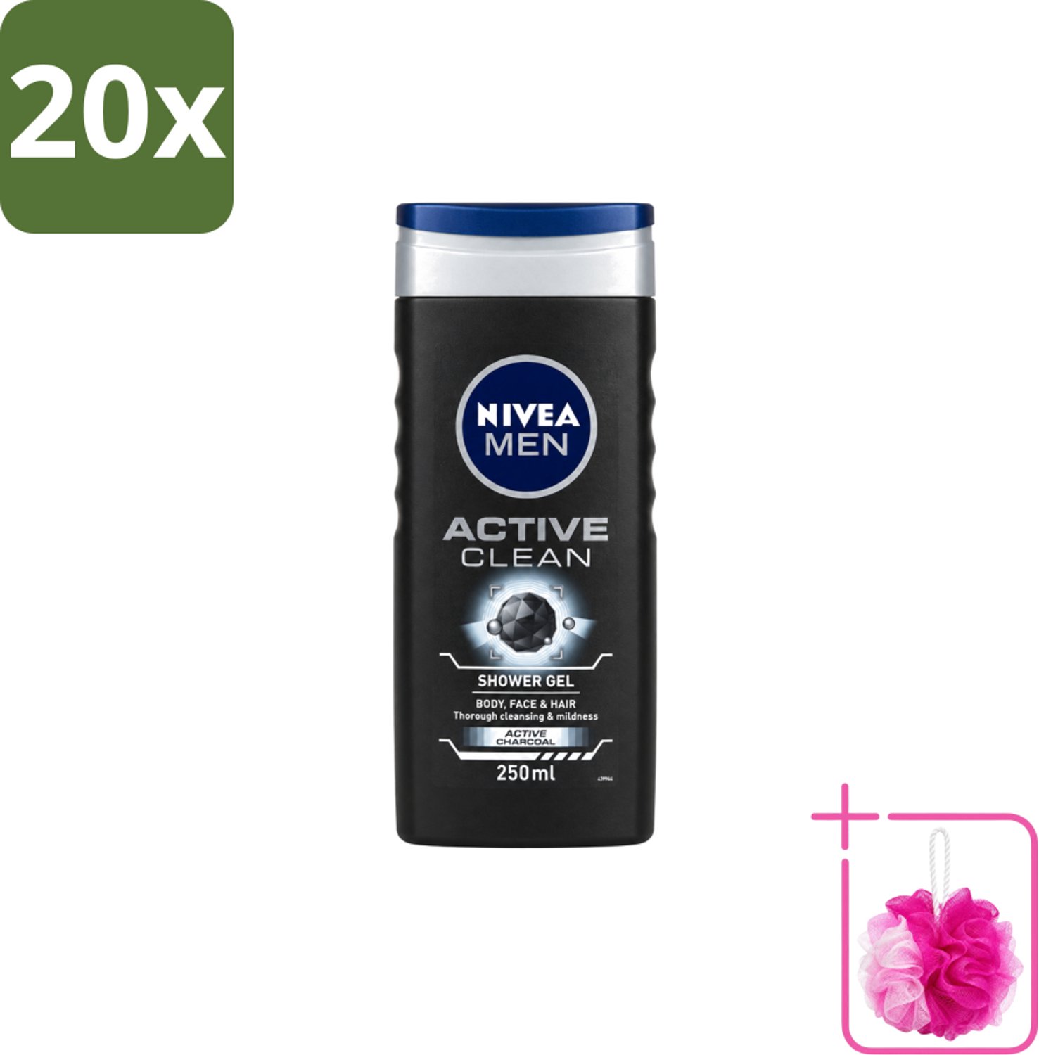 20 x Nivea Men – Douchegel – Active Clean – 250 ml - Bulkverpakking - Douchegel mannen - Douchemop - Reiniging huid