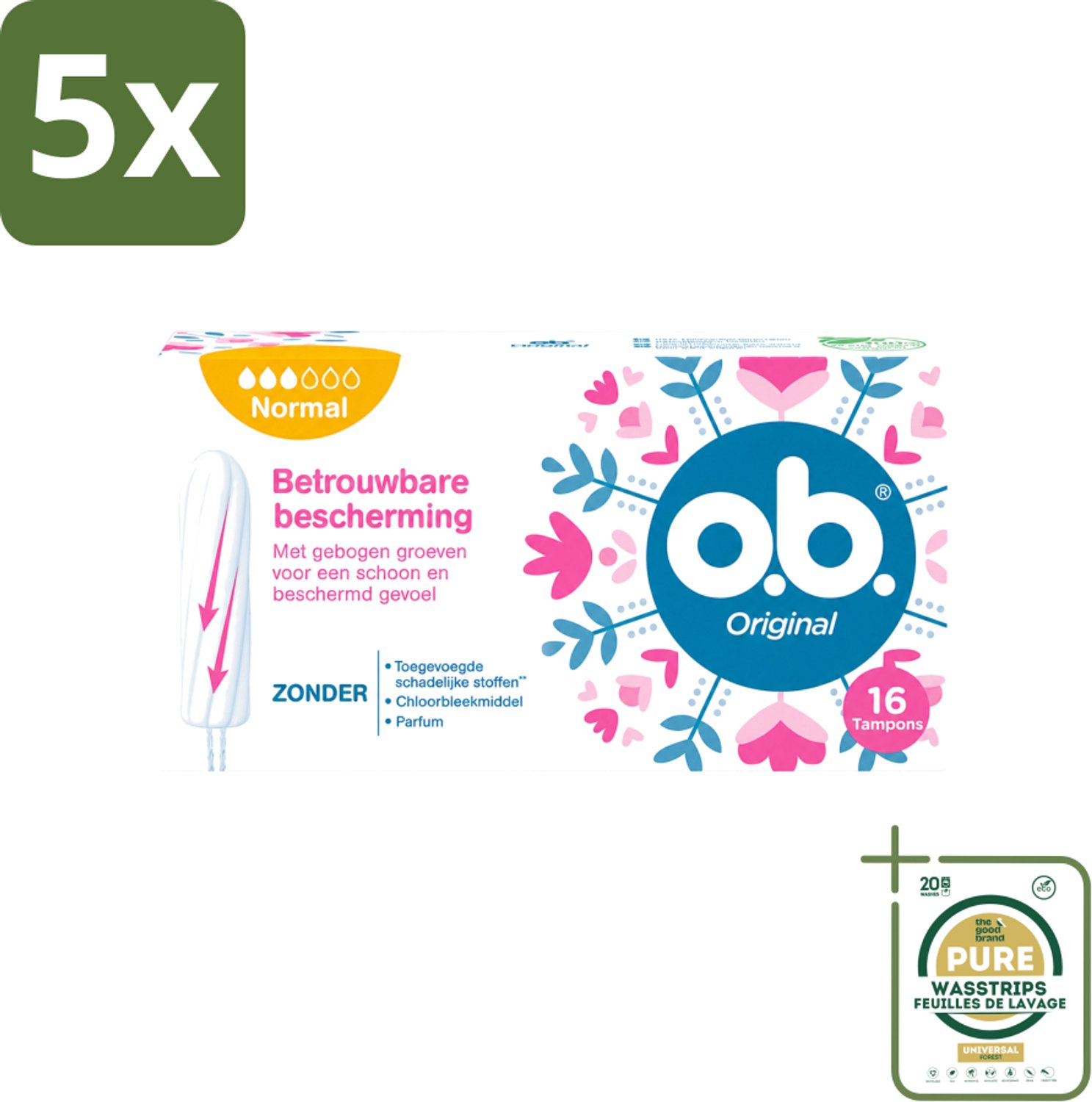 5 x o.b. Tampons - Original Normal - Voor Comfort en Betrouwbare Bescherming - 16 Tampons - Wasstrips - Tampons - Menstruatiebescherming - Plantaardige Tampons - Betrouwbare Bescherming - Comfortabel