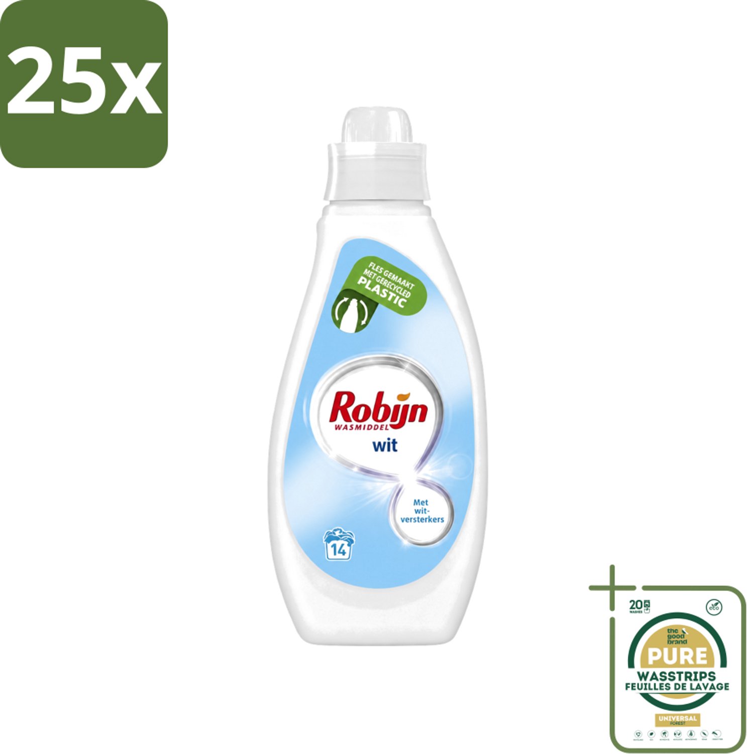 25 x Robijn - Wit - Vloeibaar Wasmiddel - Met Witversterkers - 14 Wasbeurten - 700 ml - Wasstrips - Wit Wasmiddel - Witversterker - Stralend Wit - Vloeibaar Wasmiddel - Wasbeurten