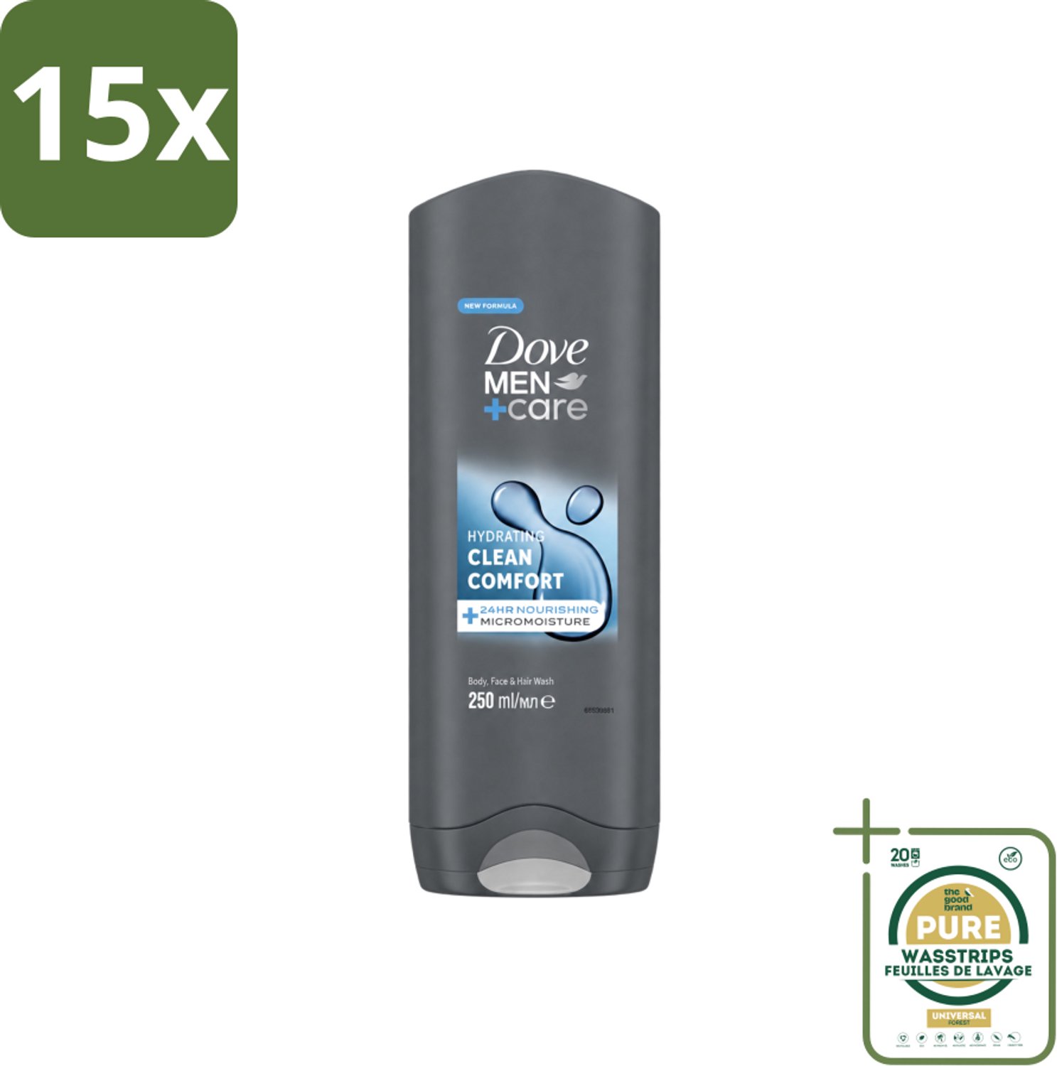 15 x Dove - Douchegel - Men+ Care Clean Comfort - Comfort en verzorging - 250 ml - Wasstrips - Douchegel - Fris - Energie - Reiniging - Hydraterend
