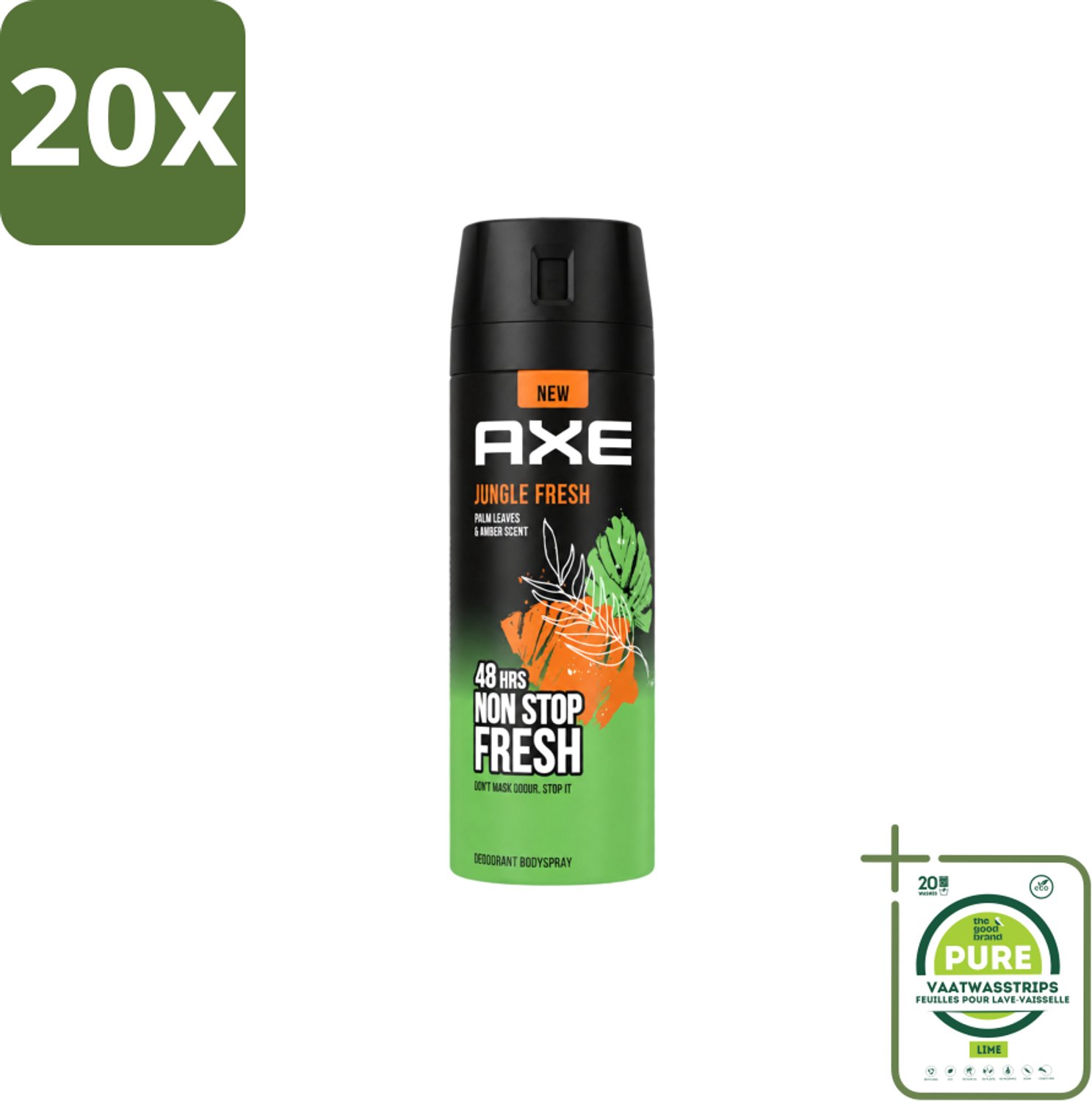 20 x Axe – Deodorant Bodyspray – Jungle Fresh – 150 ml - Grootverpakking - Vaatwasstrips - Frisse Geur - Lichaamsgeur Bestrijding - Zinktechnologie - Palmbladeren Geur - Amber Geur