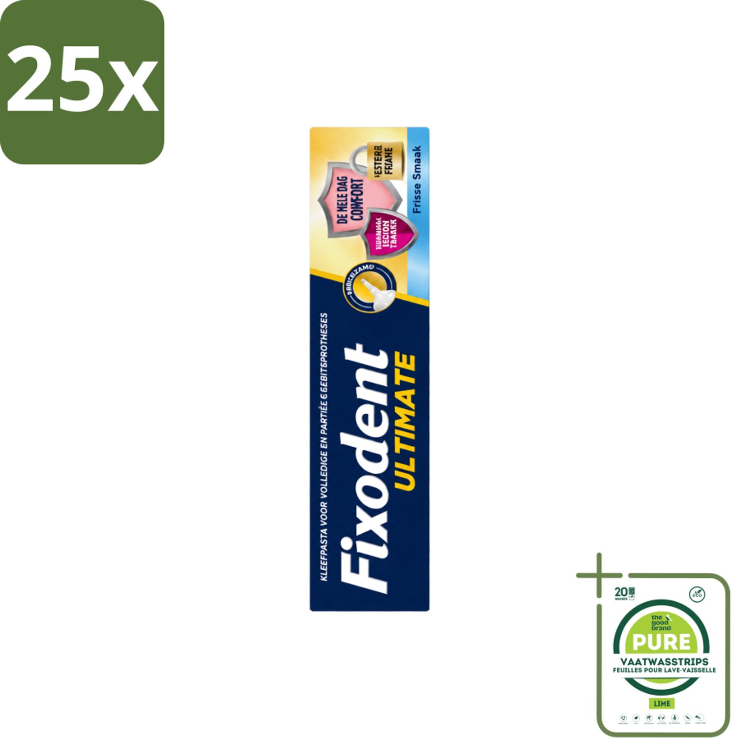 25 x Fixodent – Kleefpasta – Ultimate Fresh – 40 g - Grootverpakking - Vaatwasstrips - Kleefpasta Kunstgebit - Kunstgebit Fixatie - Voedselresten Voorkomen - Frisse Muntsmaak - Precisiepunt Mondstuk