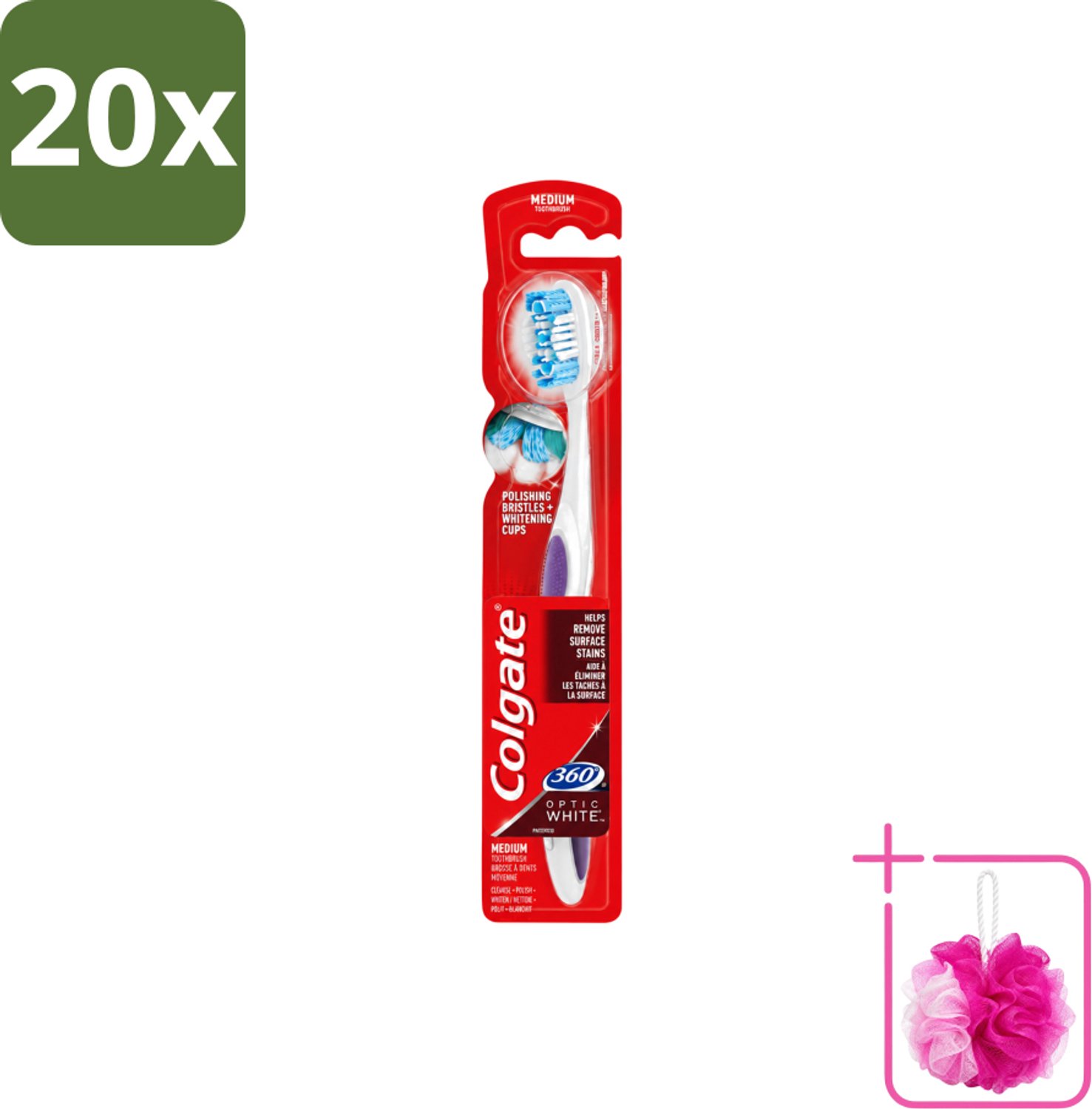 20 x Colgate - Tandenborstel - 360 Optic White Medium- Wit - 1 Tandenborstel - Bulkverpakking - Tandenborstel - Douchemop - Tanden reinigen