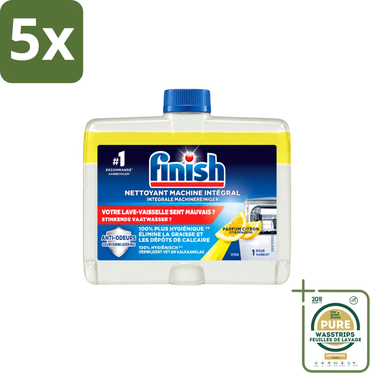 5 x Finish – Machinereiniger – Hygiene Lemon – 250 ml - Wasstrips - Vaatwasser Reinigen - Vaatwasser Hygiëne - Vaatwasser Reinigingsmiddel - Citroengeur - Kalkaanslag Verwijderen