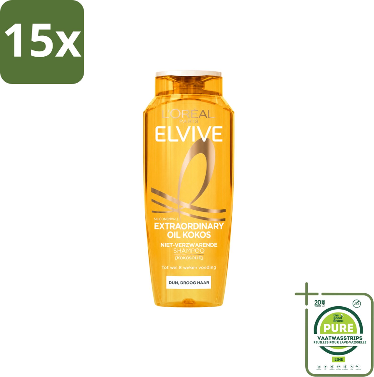 15 x L’Oréal Paris Elvive – Shampoo – Extraordinary Oil Kokos – Dun & Droog Haar – 250 ml - Grootverpakking - Vaatwasstrips - Fijne Kokosolie - Voeding Zonder Verzwaren - Zachte Kokosgeur - Natuurlijke Glans - Droog Haar