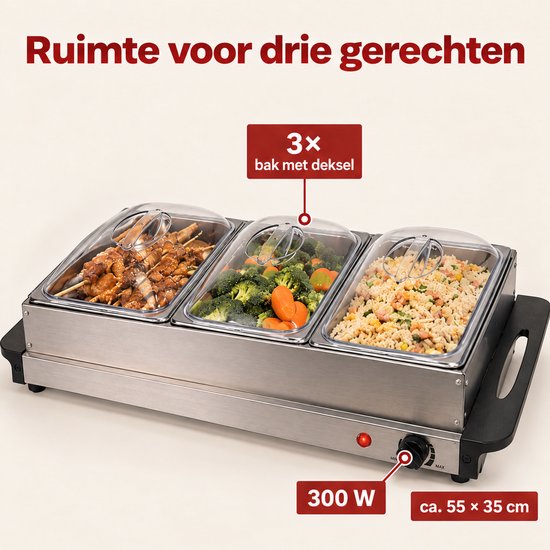 Levano Warmhoudplaat Elektrisch - Buffetwarmer met 3 Bakken - Warmhoudbakken met Deksel - Chafing Dish Elektrisch - Bordenwarmer - Eten Warm Houden - Cateringschaal met Deksel - Warmhoudschalen - Warmhouders Buffet - Catering - Verjaardag — afbeelding 5