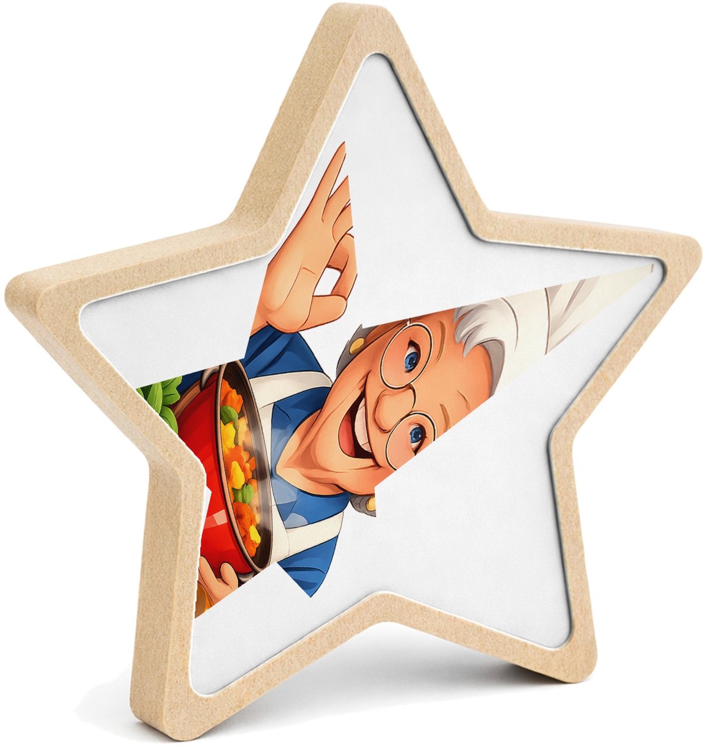 Mr Cadeautjes MDF fotolijst ster 14 x 13,5 - design Vrolijke bakker met een rijzende taart en een grote pollepel | cadeau Wit