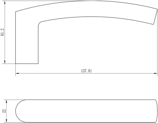 Maattekening van een gebogen deurkruk met een lengte van 137,81 mm en een breedte van 22 mm.
